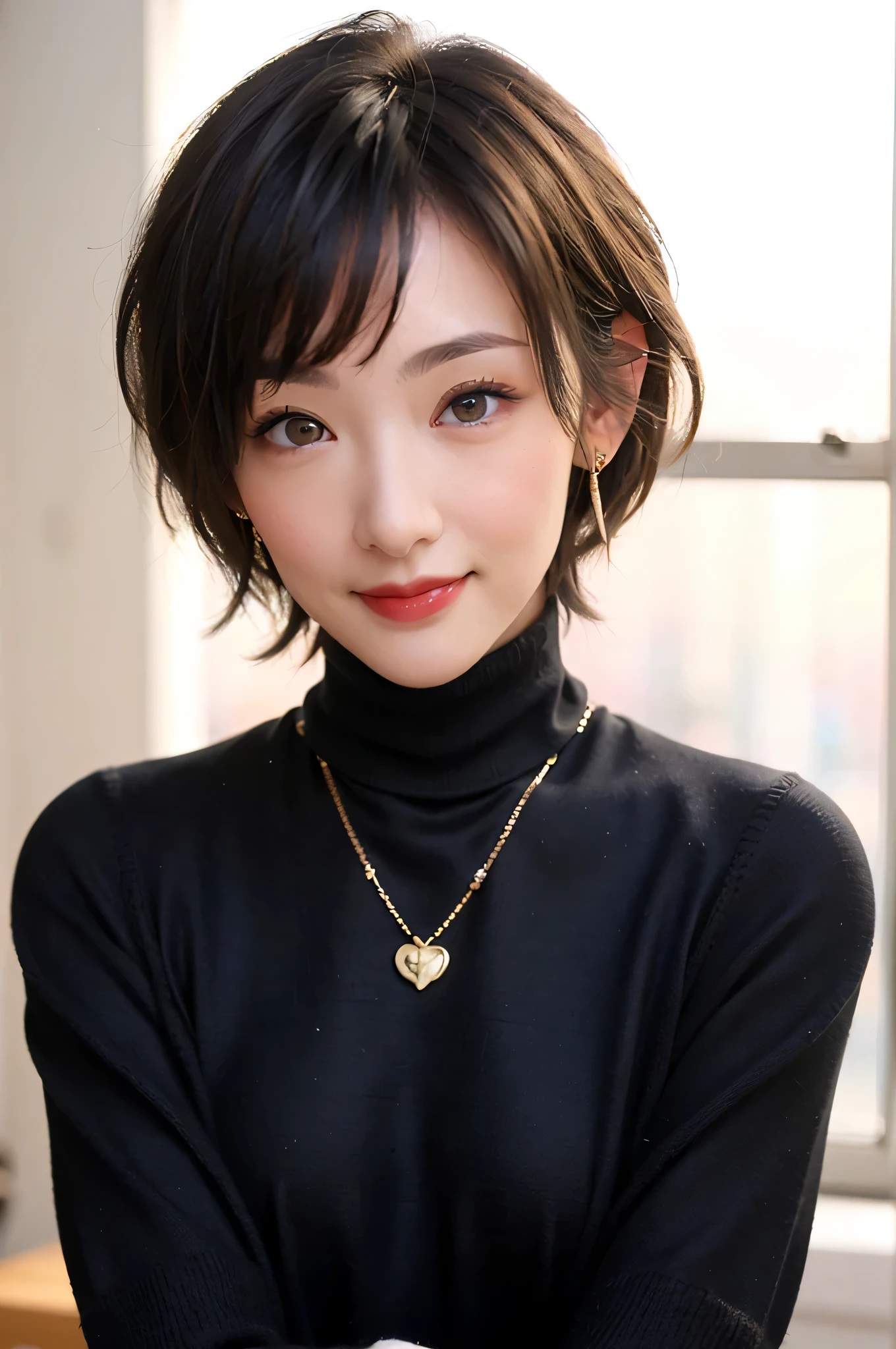 (red lips:1.4), full body, (turtleneck cable knit tight sweater:1.3), , 1girl,solo,
(8k, RAW photo, best quality, masterpiece:1.3),(realistic, photo-realistic:1.37),realistic skin texture,(photorealistic:1.3),(hyperrealistic:1.2), (short hair:1.4) , seducting pose, (black clothes:1.8), (light brown hair:1.4), (seducting smile:1.4), (cheek dimples:1.4), earrings, golden necklace, 
