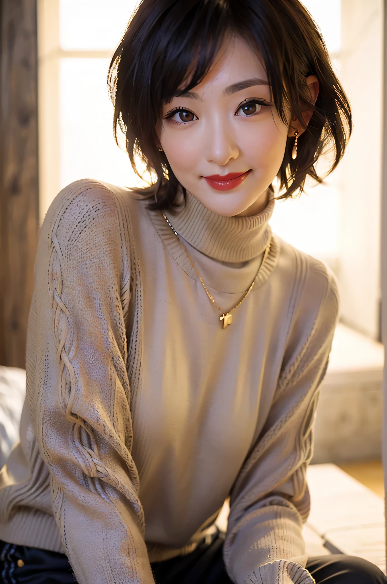 (red lips:1.4), full body, (turtleneck cable knit tight sweater:1.3), , 1girl,solo,
(8k, RAW photo, best quality, masterpiece:1.3),(realistic, photo-realistic:1.37),realistic skin texture,(photorealistic:1.3),(hyperrealistic:1.2), (short hair:1.4) , seducting pose, (black clothes:1.8), (light brown hair:1.4), (seducting smile:1.4), (cheek dimples:1.4), earrings, golden necklace,