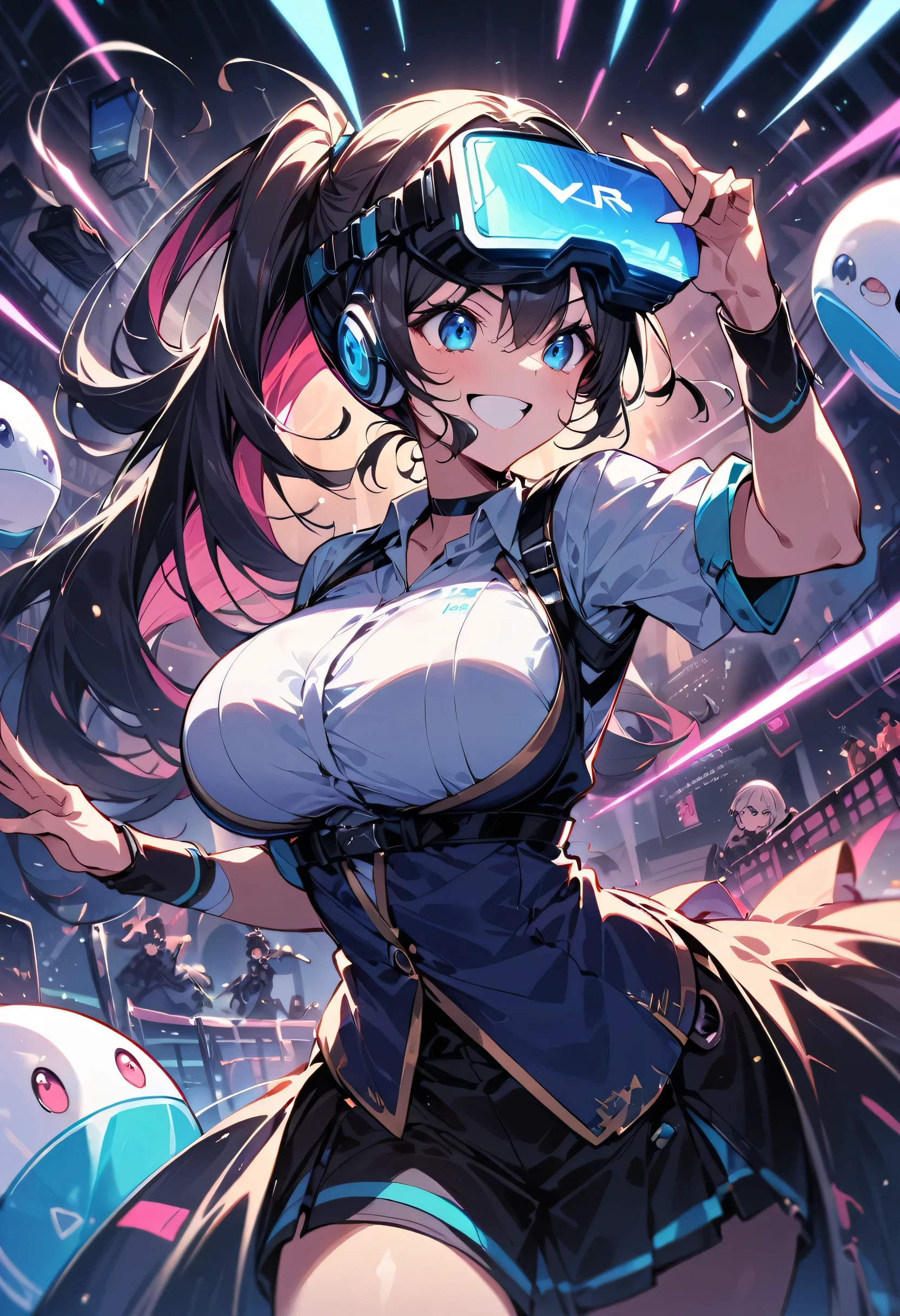 highest quality、High resolution、Detailed Background、Detailed beautiful face、Anatomically correct、Detailed facial expressions、Beautiful fingers、age beauty、Huge breasts、Perfect body line、Black Hair、Bright inner hair color、bob hair、ponytail、Perfect body line、I'm extremely excited、The evolution of VR technology、cute、Cowboy Shot、Uplifting、
Two beautiful girls having a realistic virtual experience、
Play action games using VR goggles、
Combat and racing、In sports and other games, the sense of realism and uplifting is enhanced, making you feel as if you are really there.、
Use VR goggles to experience virtual sports、
Virtual boxing and virtual tennis、When you experience sports like virtual soccer, you can feel like you are actually there.、
Ride a virtual coaster using VR goggles、
Enjoy a high-speed roller coaster ride and experience the thrill and excitement of a real roller coaster ride.、
Experience dance and performance using VR goggles、
You can become a dancer or performer and enjoy rhythmic movements and elegant performanceore realistic uplifting and presence