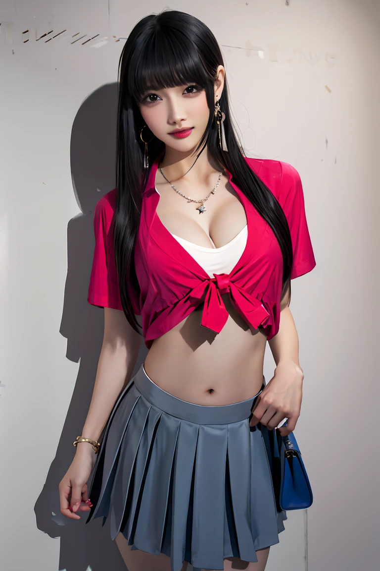 masterpiece, best quality, 1girl, solo, breasts, cleavage, looking at viewer, sweat, large breasts, collared shirt, tied shirt, pleated skirt, flashy gyaru, happy, showy, too many accessories, colorful , kogal, kogal gyaru, necklace, earrings, bracelet, bra, handbag, (skirt lift:1.2), (cameltoe), navel, midriff, (makeup)