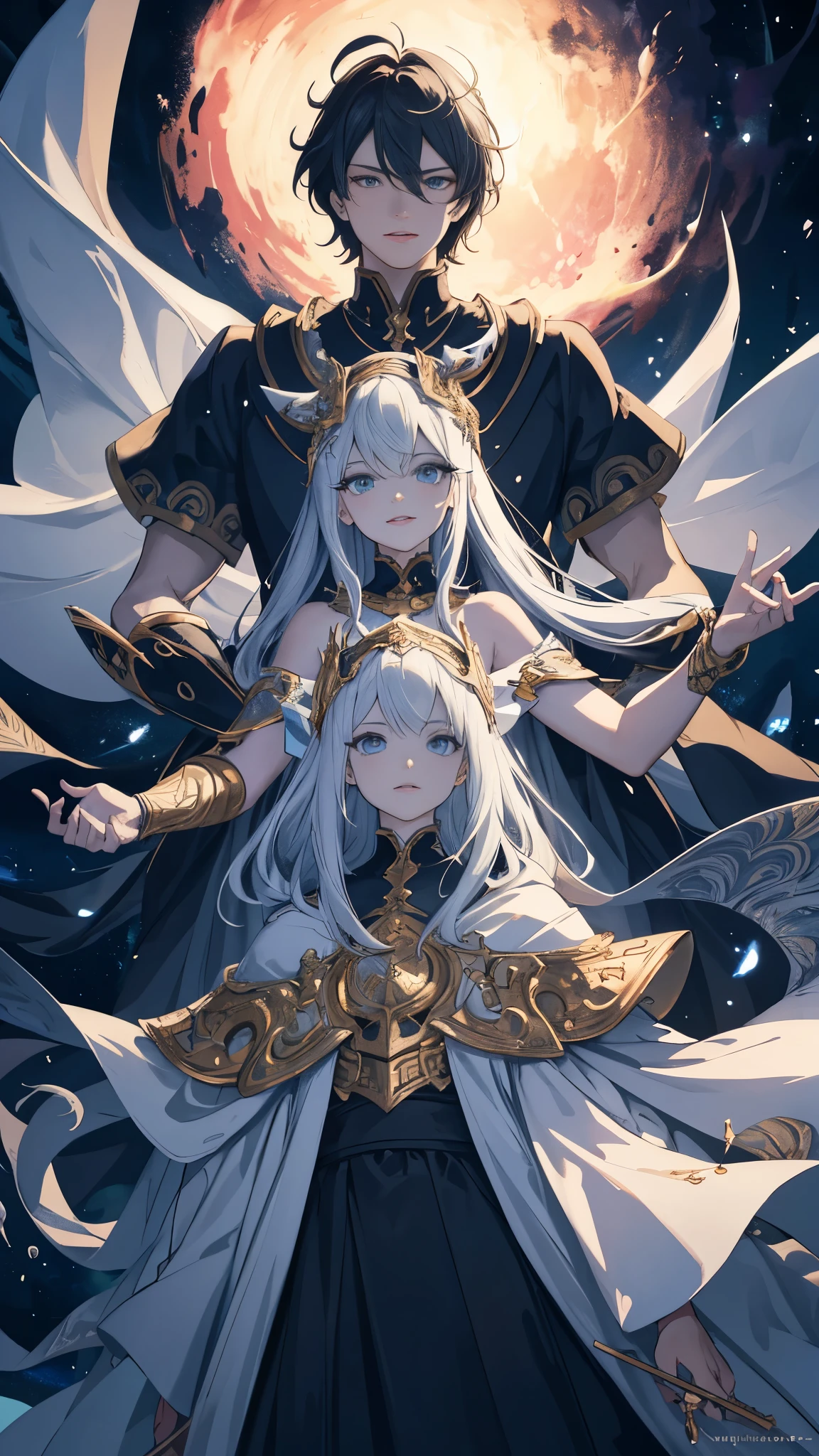 masterpiece, best quality, extremely detailed CG Unity 8k wallpaper, intricately folded kirigami, two adolescent boys, one atop the shoulders of the other, sharp facial features, expressive eyes, vibrant nebula in the background, realistic textures, HDR lighting, ultra-fine painting, dynamic shadowing, vivid colors, physically-based rendering, high contrast, appropriately proportioned bodies, youthful energy.