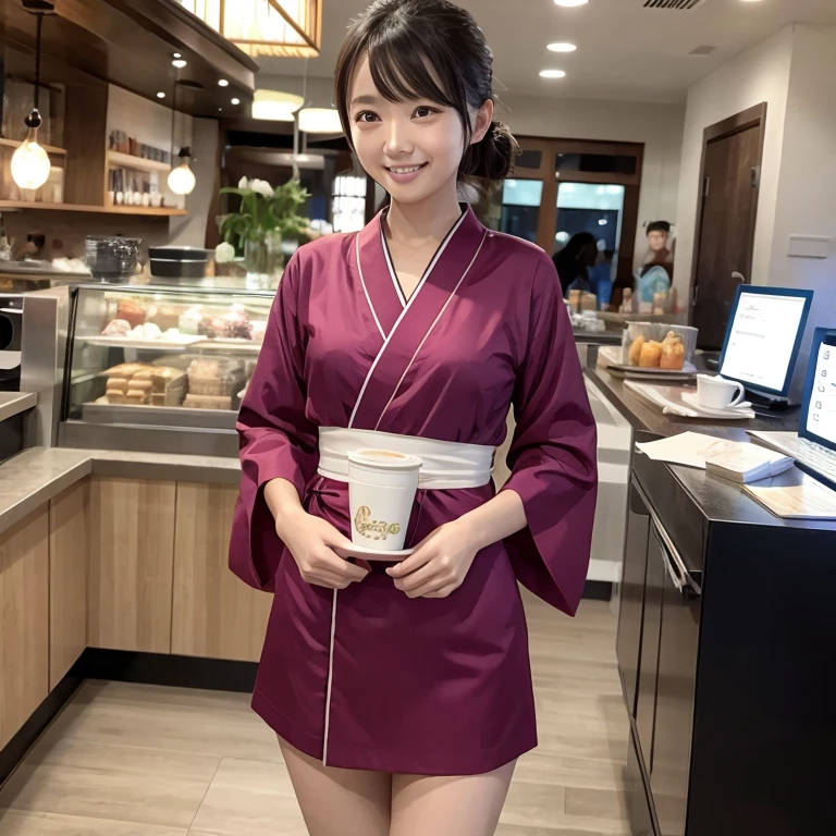 Small 、((NipplesWear a Japan kimono、Above the knee length30㎝、In the vibrant atmosphere of the cafe、One waitress stands out。She is busy、He clearly finds joy in his work.。Handle customer orders efficiently、Sometimes with a bit of light humor、It makes the atmosphere more relaxed.。Her presence、カフェFor、people visiting々For、It adds a special charm、The length is too short and your pants are visible、whole body、