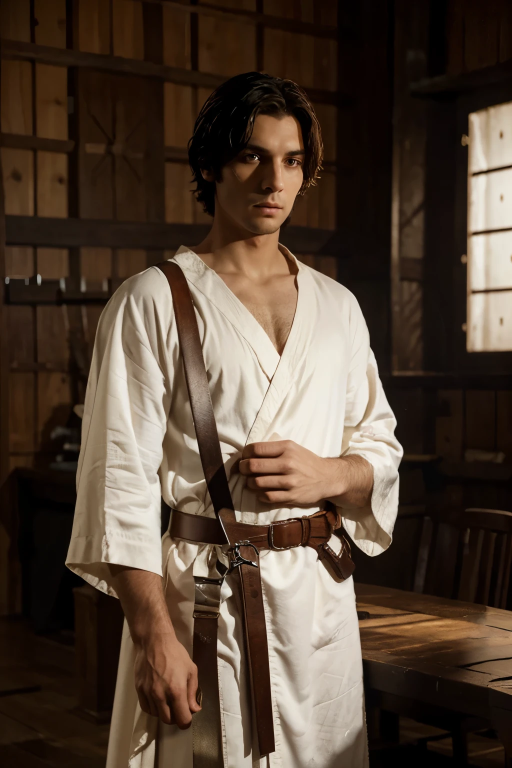young knight in simple robes with short hair, dark hair, the thoughtful look of a man who has lost everything, sword on belt