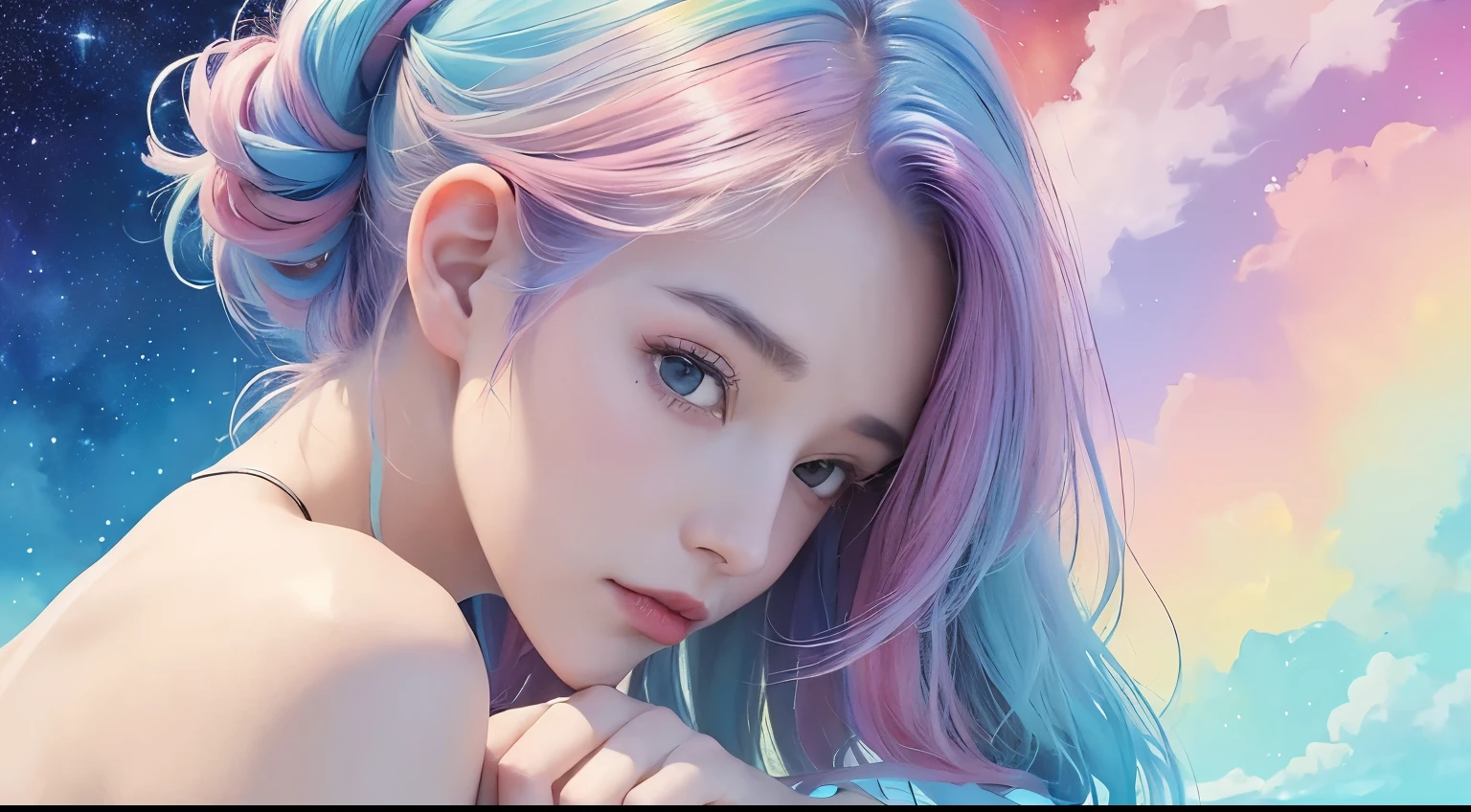 (masterpiece, best quality, best quality,watercolor (Ease),official art, fine、Aesthetic:1.2),(A girl:1.3), (Fractal Art:1.3),Upper Body, from the side, View your audience,pattern,(Rainbow hair,rich and colorful hair,Half blue、half pink hair:1.2),water,liquid, cloud,rich and colorful, Starry Sky,actor,