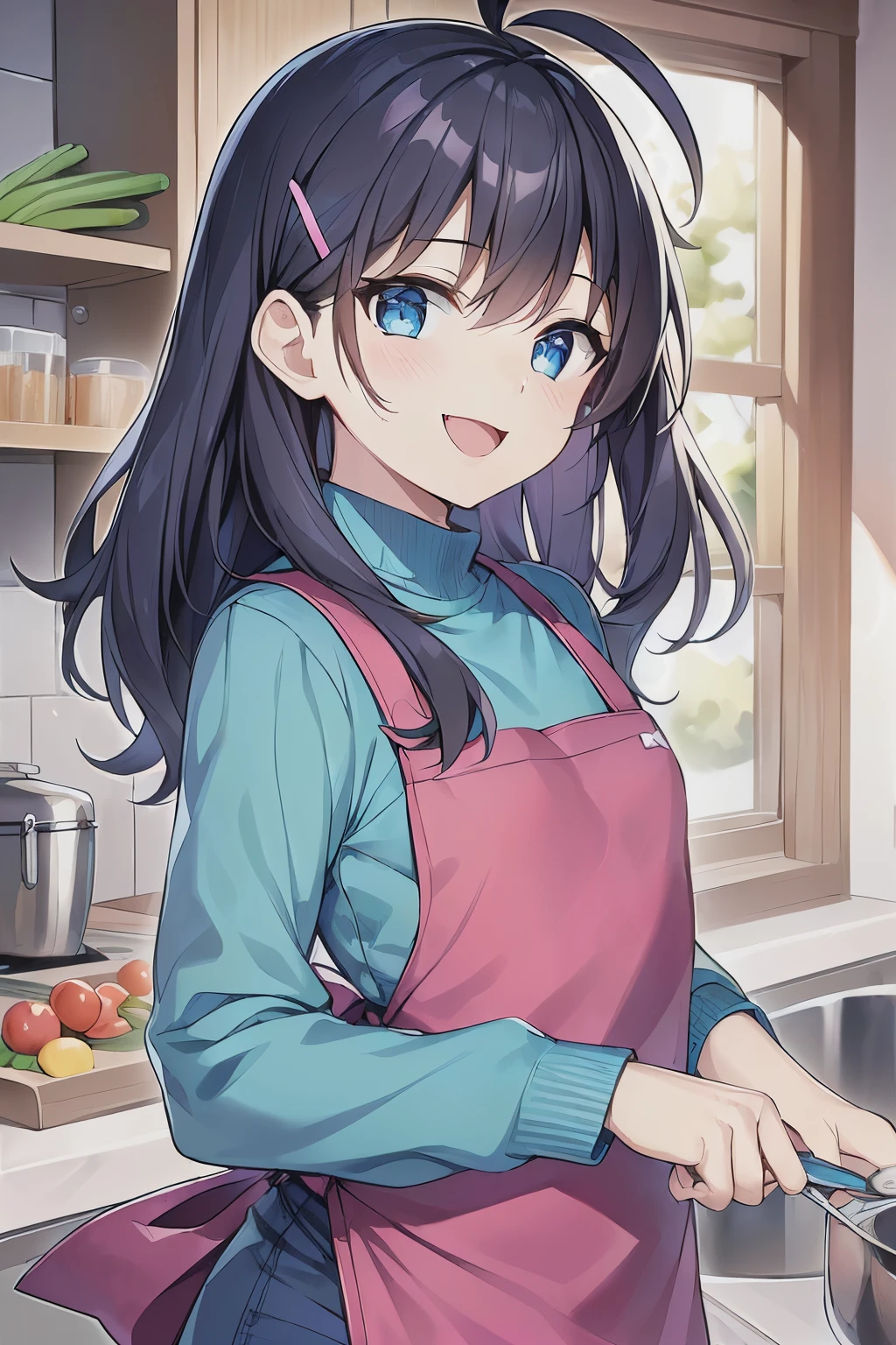 (((masterpiece))) (((highest quality))), (((beautiful))), (((8k))), (((High resolution))), (((Transcendent Technique Illustration))), (1 girl:1.3), (child:1.5), (Lori:1.2), (Dark blue straight long hair:1.3), (very long, Dark blue sideburns), (Very wide parted dark blue bangs:1.3), (Simple hair clip:1.4), (Ahoge:1.4), (small blue eyes:1.2), (Slightly droopy eyes:1.3), (Super thick sideburns and super long sideburns:1.1), (Ultra-flat chest:1.4), (Very small breasts:1.4), (laughing:1.3), (Long sleeve blue sweatshirt:1.2), (Shorts:1.2), (Culinary apron:1.3), (Standing in the kitchen:1.3), Gas stove, Tableware棚, pot, Tableware, (Vegetables on a cutting board:1.2), ladle