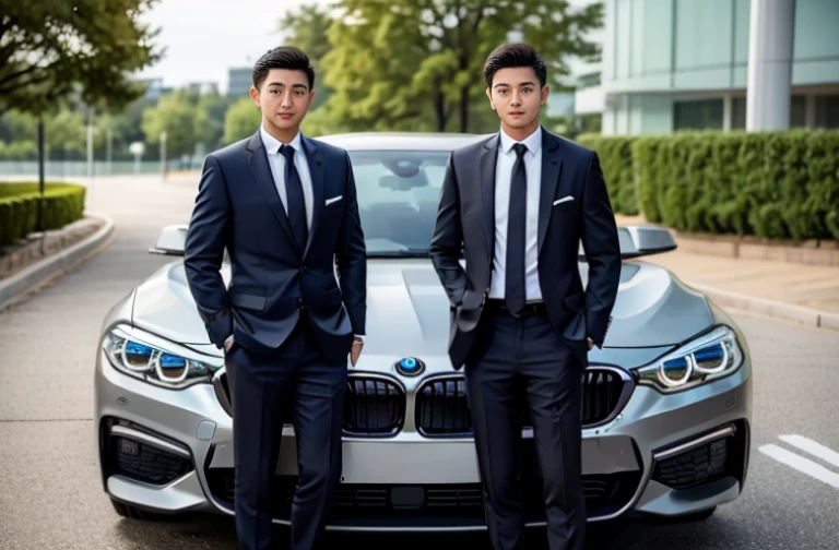 a 28 year old young man. Wear a suit and tie.Standing next to his BMW car when he gets off work