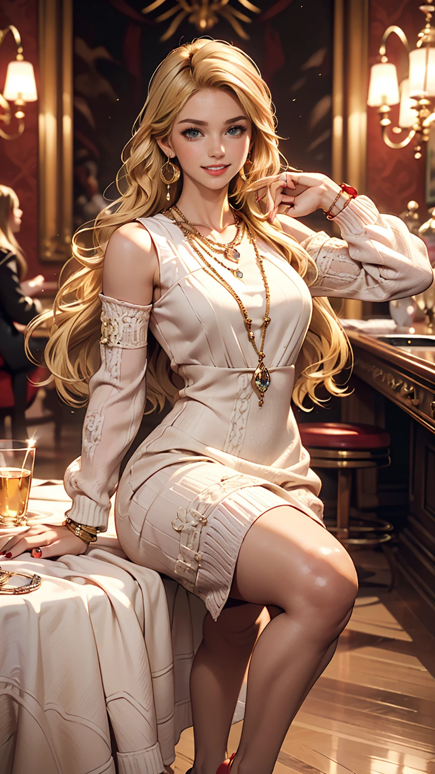 ((最high quality, 8K, masterpiece: 1.3, Ultra HD, high quality, 最high quality, High resolution, realism)) 、25-year-old Caucasian female、blue eyes、long hair、smile、I want my head to stay off screen、Wear accessories on your wrist、Wearing red nail polish、I have a peticure、aerial perspective((atmospheric perspective))、smile((smiley))、Background blur((depth of field)、Crystal Earrings((crystal earrings))、Blonde((blonde hair))、Braided long hair((low-braided long hair))、Wear a knit dress、No sleeve、Wear pink stiletto heels、sexy pose