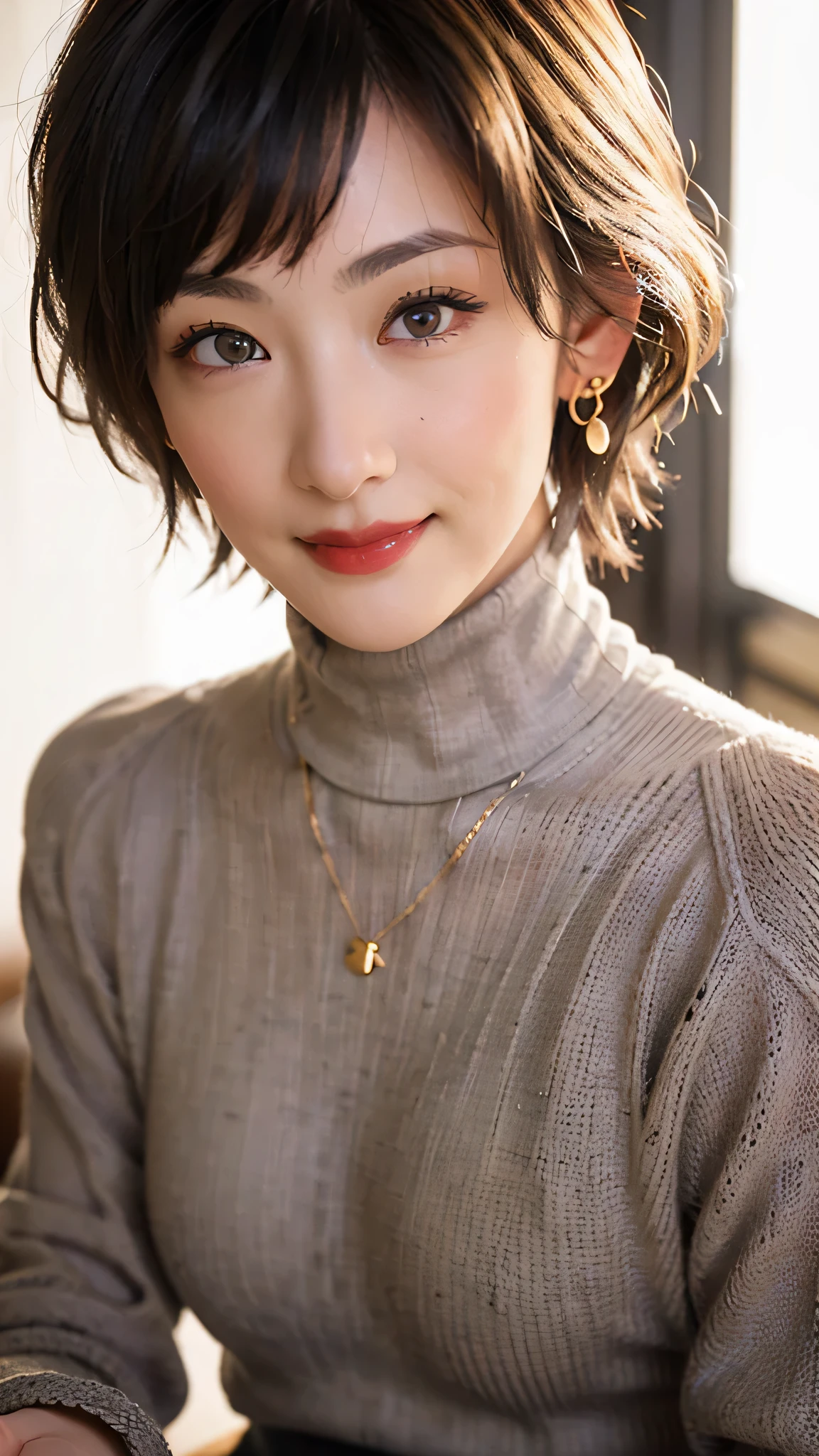 (red lips:1.4), full body, (turtleneck cable knit tight sweater:1.3), , 1girl,solo,
(8k, RAW photo, best quality, masterpiece:1.3),(realistic, photo-realistic:1.37),realistic skin texture,(photorealistic:1.3),(hyperrealistic:1.2), (short hair:1.4) , seducting pose, (black clothes:1.8), (light brown hair:1.4), (seducting smile:1.4), (cheek dimples:1.4), earrings, golden necklace