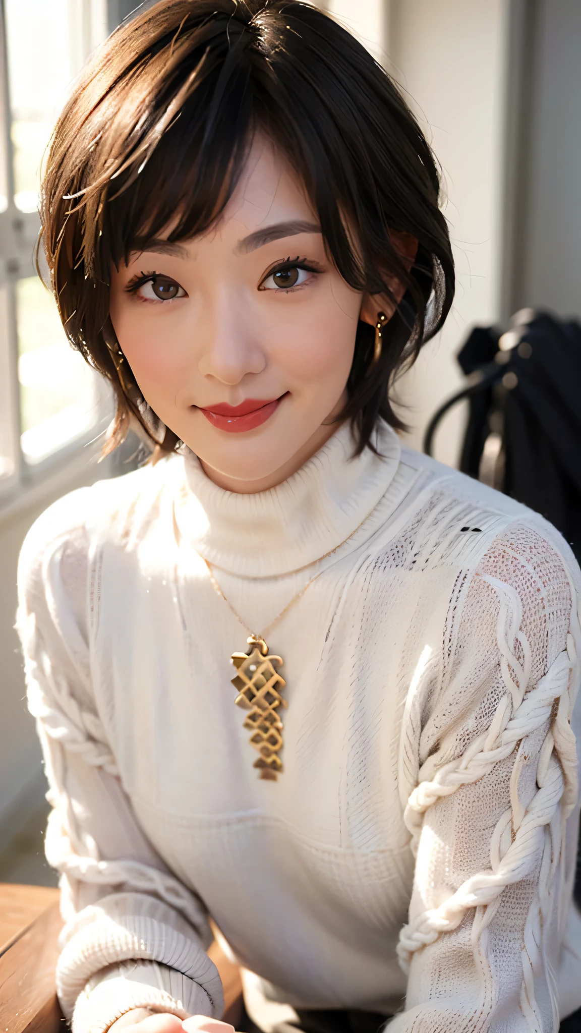 (red lips:1.4), full body, (turtleneck cable knit tight sweater:1.3), , 1girl,solo,
(8k, RAW photo, best quality, masterpiece:1.3),(realistic, photo-realistic:1.37),realistic skin texture,(photorealistic:1.3),(hyperrealistic:1.2), (short hair:1.4) , seducting pose, (black clothes:1.8), (light brown hair:1.4), (seducting smile:1.4), (cheek dimples:1.4), earrings, golden necklace