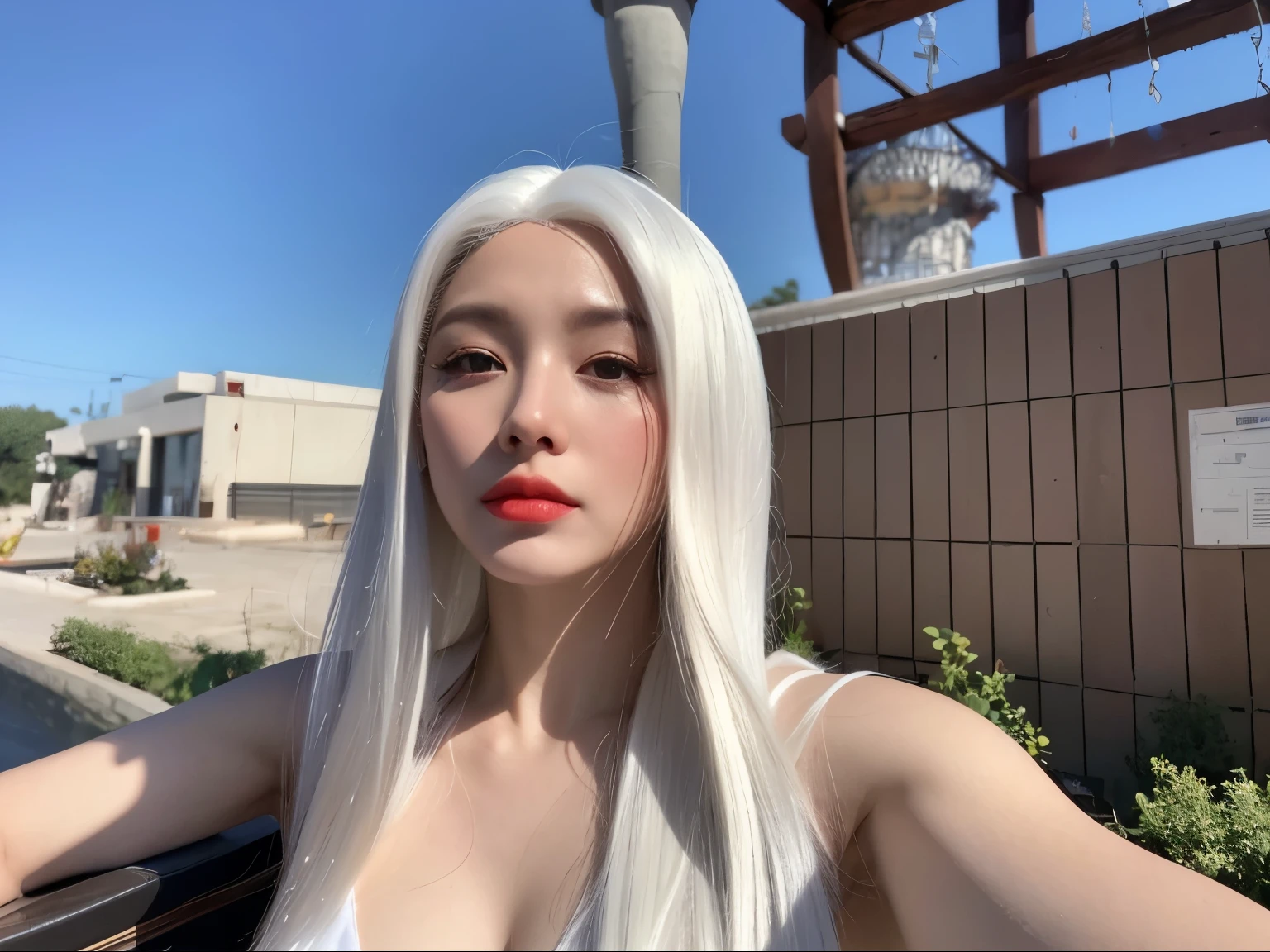 A woman in her fifties with grey hair and a white wig is posing for a photo, Korean Girls, of long white hair, Her hair is white, White long hair, beautiful south Korean women, sakimichan, Korean women, Perfect white hair girl, Eva Max, 8k)), 18-year-old, Profile photo, # oc, #oc