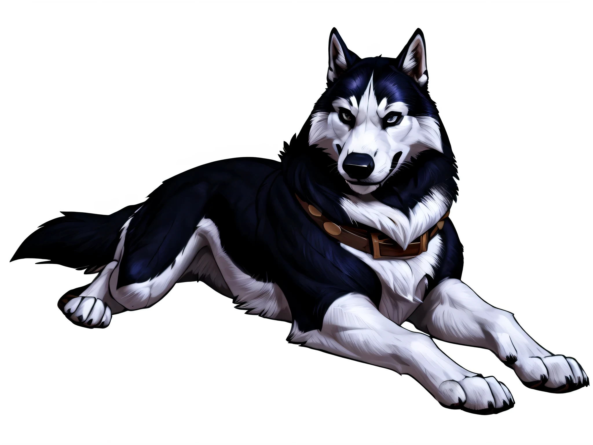 alaskan malamute, masculine, male, feral alaskan malamute, quadruped, feral, very muscular:1.5, tight muscles:1.2, well defined muscles:1.2, pectorals:1.5, muscular forelegs, muscular hindlegs, wide chest, muscular chest, taran fiddler style, detailed eyes, white background, proud, serious expression, full body, wolf feet, big collar, laying on floor