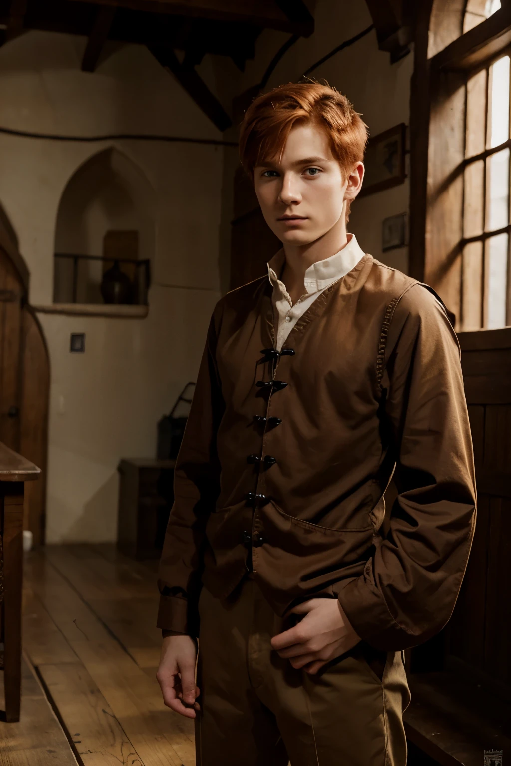 red-haired boy 16 years old with short hair, modest, skinny and slightly intimidated, Vorishka, in poor man's clothes, medieval style