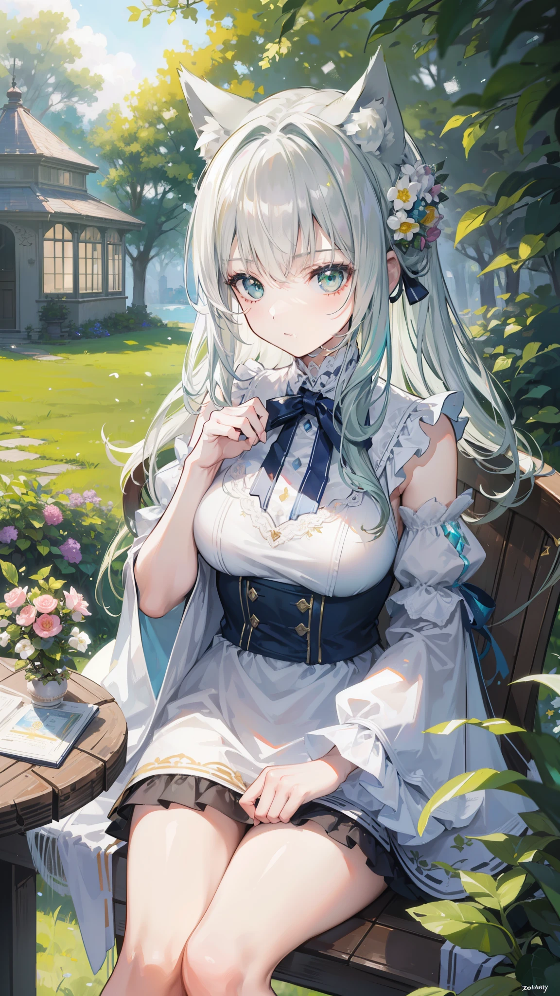 1girl, solo, sitting in the summerhouse with a light frown, (zoomed in: 1.2), ultra-detailed and hyper-realistic rendering, best quality and masterpiece finish, (cinematic light illuminating the scene: 1.1), outdoor setting, (summerhouse with intricate carvings and open doors: 1.1), sitting on a plush chair by the table, (plants around in full bloom: 1.1), chandelier hanging above with flickering candles, (wind gently blowing through her pan-green silver hair: 1.1), animal ears with fluffy ear-fluffs peeking out, (
