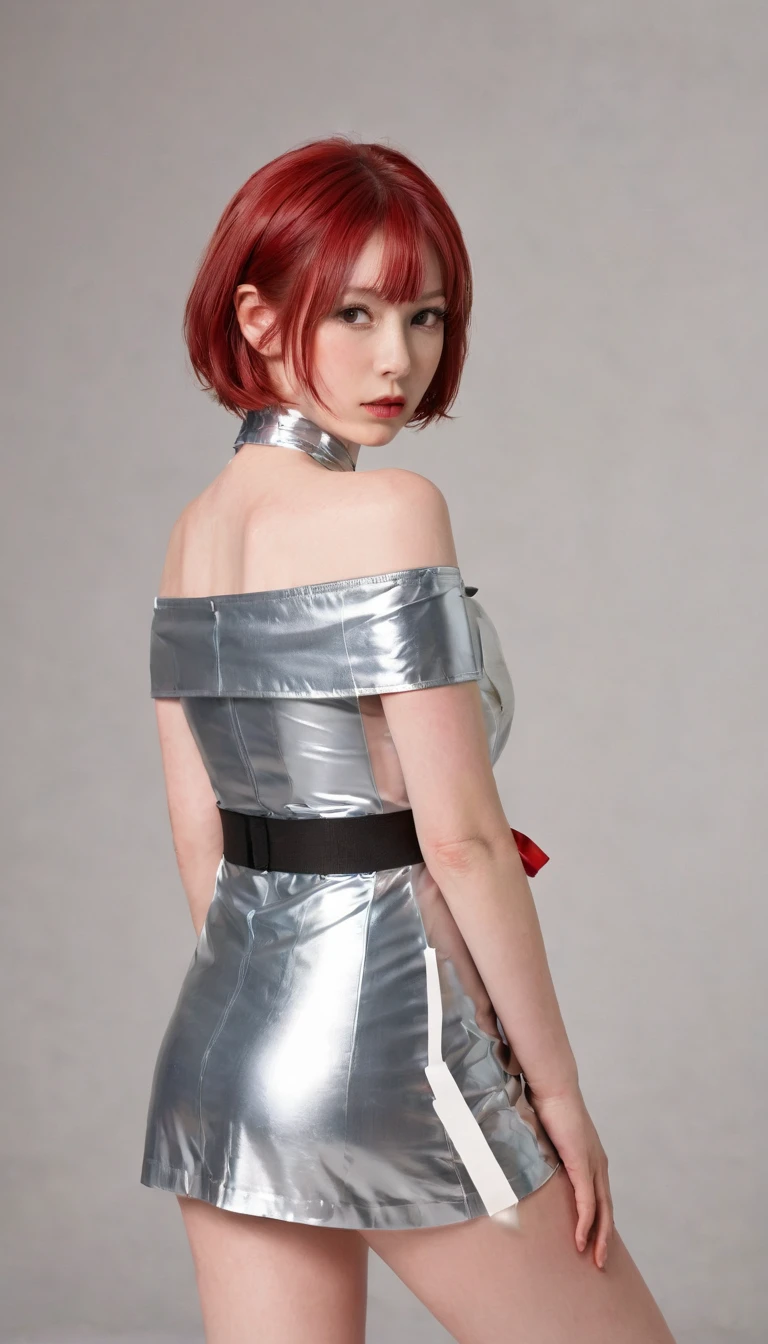 (masterpiece, best quality:1.2), 1 Girl, Solitary, mumimification, Silver Tape, Off-shoulder, bend over, Red hair, short hair, blush, Slim, Improvisational Performance, tape gag, Gagging tape, tape bondage