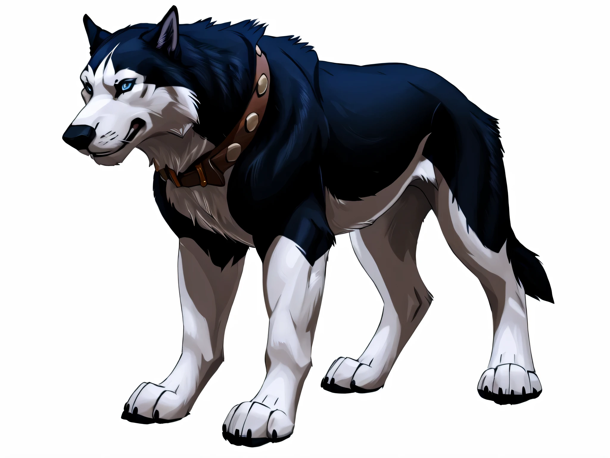 alaskan malamute, masculine, male, feral alaskan malamute, quadruped, feral, very muscular:1.5, tight muscles:1.2, well defined muscles:1.2, pectorals:1.5, muscular forelegs, muscular hindlegs, wide chest, muscular chest:1.5, negger style, taran fiddler style, blue eyes, detailed eyes, white background, proud, serious expression, full body, wolf feet, big collar, shadow on floor