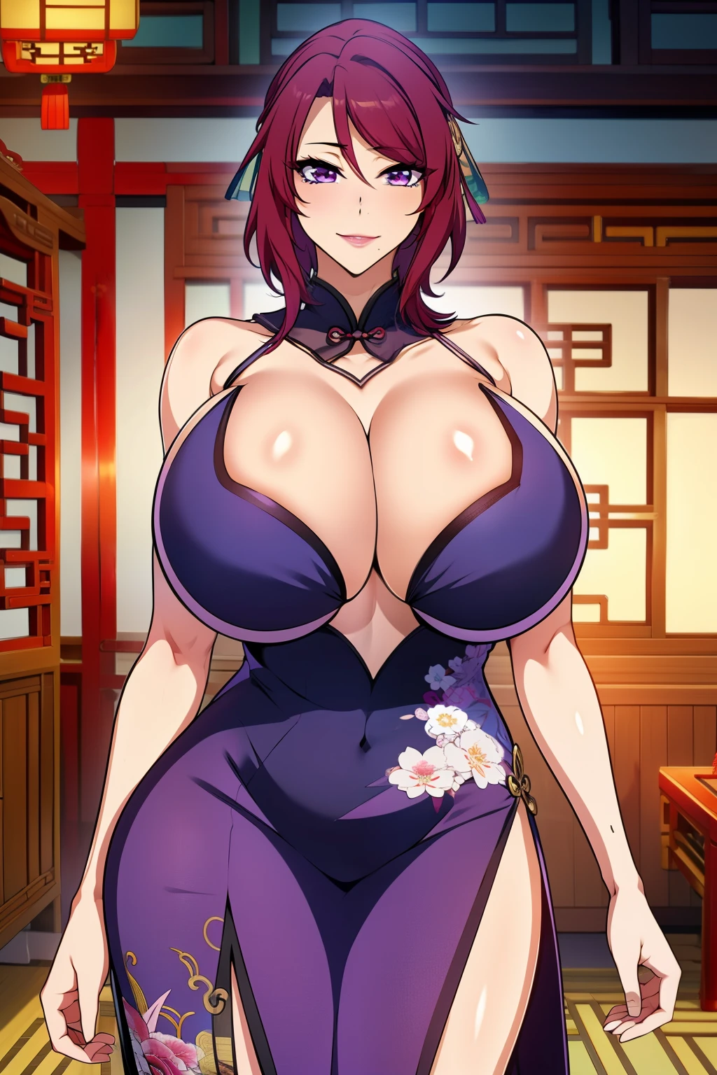 An anime-style artwork depicting Yoshioka_Maki from the game mesukyoshi4l.

Tags: Yoshioka_Maki, anime, detailed eyes, detailed lips, ass, (chinese dress:1.4), cleavage, pencil skirt, miniskirt,curvy, thighs, higheels, shiny clothes, skin tight, cleavage, long hair, solo, huge breasts,  (violet eyes), smiling expression, intense gaze, dynamic pose, indoor, palace, vibrant colors, digital art, high-resolution, professional quality, gigantic breasts, curvy, cowboy shot, (gigantic breasts: 1.4),