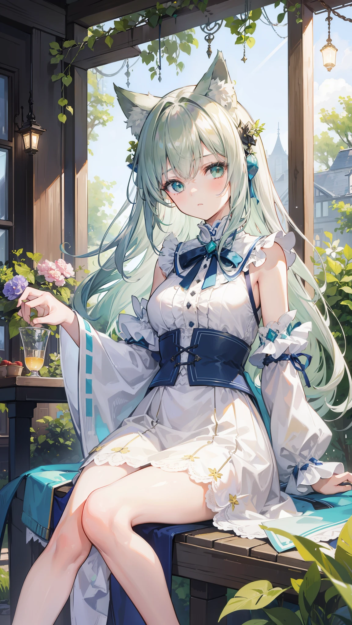 1girl, solo, sitting in the summerhouse with a light frown, (zoomed in: 1.2), ultra-detailed and hyper-realistic rendering, best quality and masterpiece finish, (cinematic light illuminating the scene: 1.1), outdoor setting, (summerhouse with intricate carvings and open doors: 1.1), sitting on a plush chair by the table, (plants around in full bloom: 1.1), chandelier hanging above with flickering candles, (wind gently blowing through her pan-green silver hair: 1.1), animal ears with fluffy ear-fluffs peeking out, (