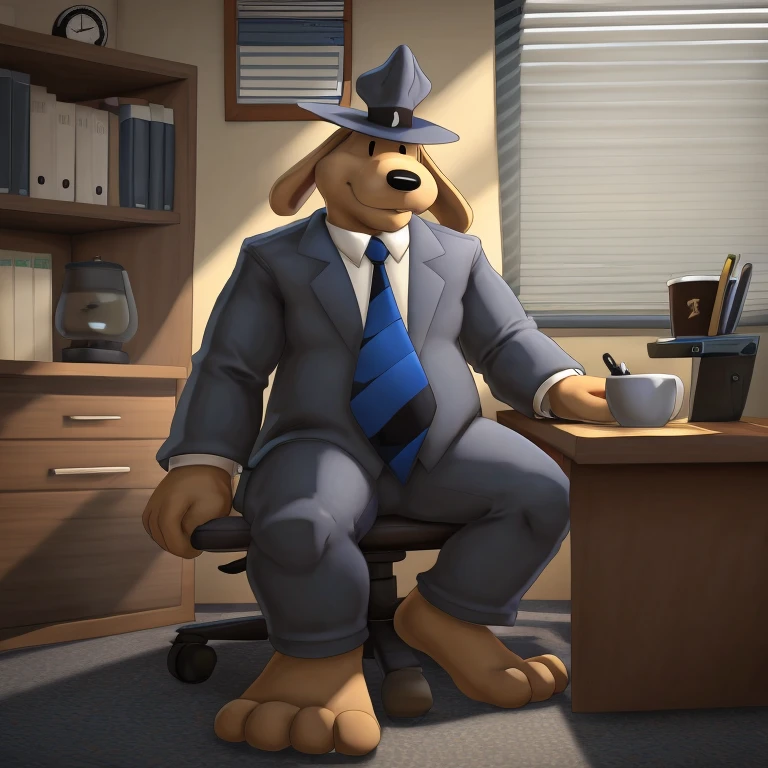 Male, solo, full body, mature, tall, chubby, floppy ears, friendly, blue grey suit, hat, blue tie with black stripes, black dot eyes, sitting in chair, at desk, coffee mug on desk, in detective office, three-quarter angle