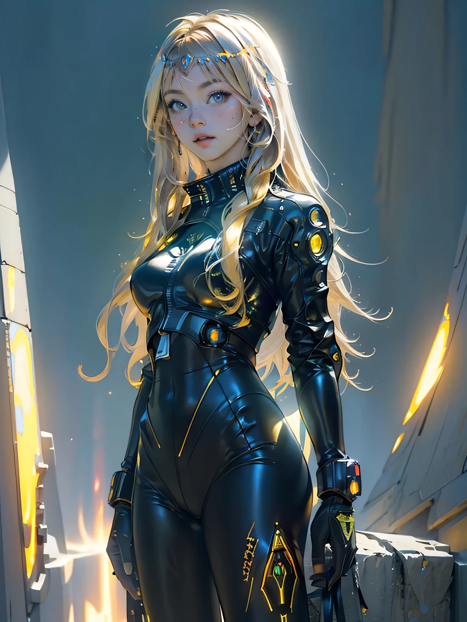 ((masterpiece, best quality, extremely detailed), volumetric lighting, ambient occlusion, colorful, glowing), 1girl, solo, young girl, (golden hair), long hair, halo, aura, sacred, godness, cyber suit, (black outfit:1.3), android, bot, angel wings, outdoors, sunset with yellow light, sky, clouds, space, (cyberpunk theme:1.2),