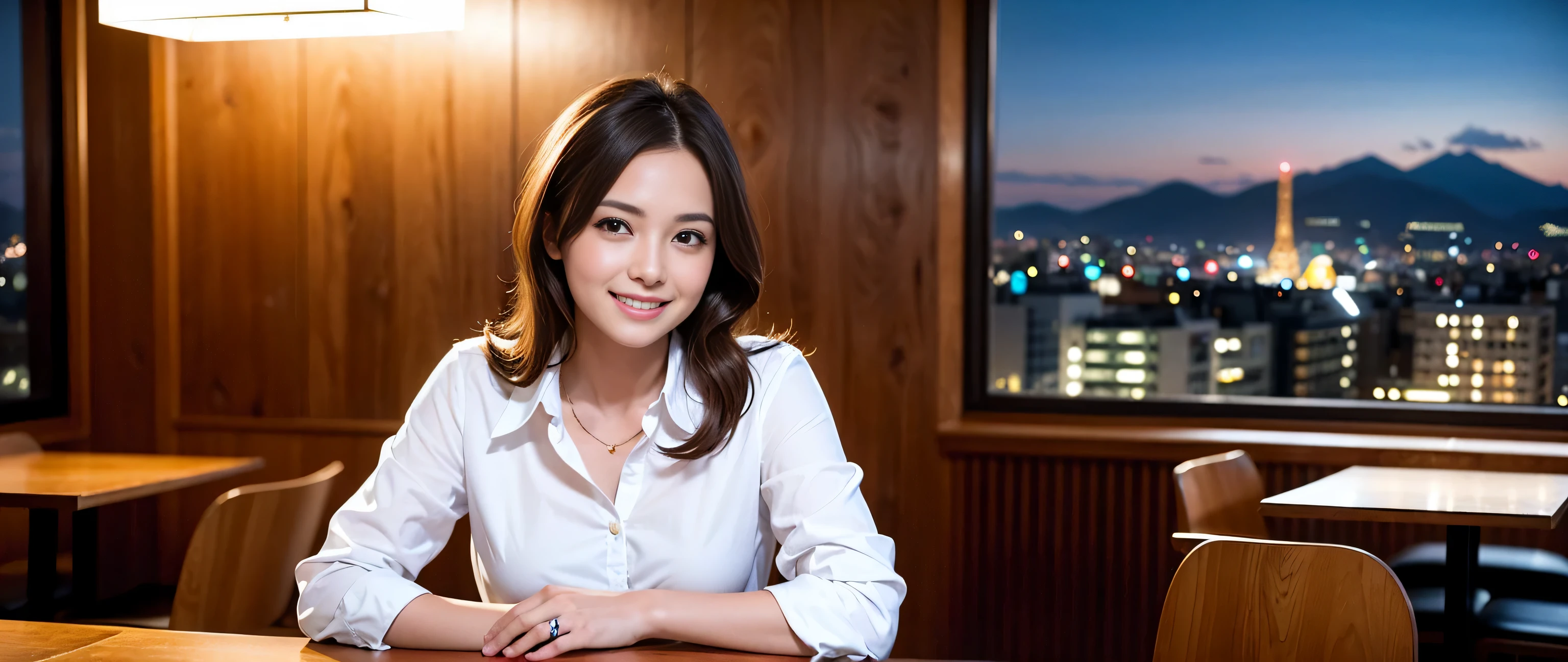 hair, Hmm., highest quality, masterpiece: 1.2), (Realistic, photoRealistic: 1.37), Very detailed, 3 slim beauties, (slim face),Happy、 the best smile、Fox face、Berry Short、(Because I'thin), (brown hair), (Shortcuts), Long sleeve shirt、Winter Fashion、Columbia、Brazilian、Japanese、Dutch、German、Portuguese、Belgian、Italian、French,Champagne、sparhairling wine、 (erupt), (slim body), (brown hair), (Shortcuts), Pure beauty、cheehairs turn a little red, (Age 35), 38 years old, alone, Outside the window, a beautiful and detailed night view unfolds...., restaurant, wine glass is sitting, At night, In a prominent place (from the Upper Body) Nova Frog Style, actress, model, Upper Body, White wine, slim, wine glass, Very beautiful night view, wine glass Put in the Middle, Happy smile, (smile: 1.15),