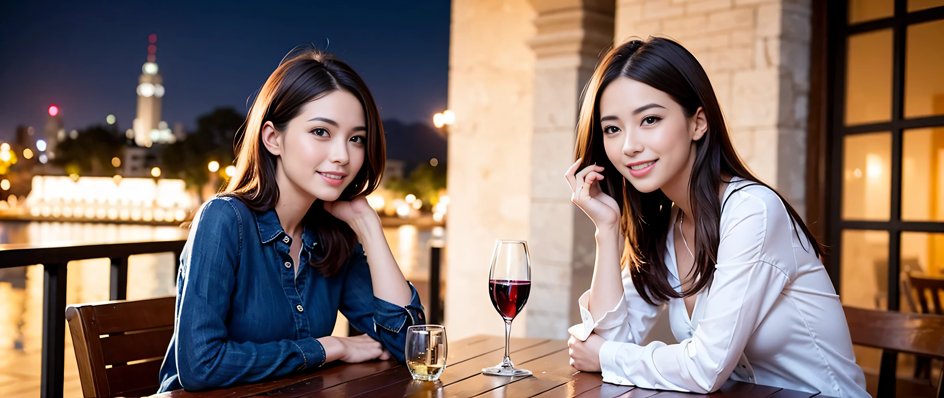 hair, Hmm., highest quality, masterpiece: 1.2), (Realistic, photoRealistic: 1.37), Very detailed, 3 slim beauties, (slim face),Happy、 the best smile、Fox face、Berry Short、(Because I'thin), (brown hair), (Shortcuts), Long sleeve shirt、Winter Fashion、Columbia、Brazilian、Japanese、Dutch、German、Portuguese、Belgian、Italian、French,Champagne、sparhairling wine、 (erupt), (slim body), (brown hair), (Shortcuts), Pure beauty、cheehairs turn a little red, (Age 35), 38 years old, alone, Outside the window, a beautiful and detailed night view unfolds...., restaurant, wine glass is sitting, At night, In a prominent place (from the Upper Body) Nova Frog Style, actress, model, Upper Body, White wine, slim, wine glass, Very beautiful night view, wine glass Put in the Middle, Happy smile, (smile: 1.15),