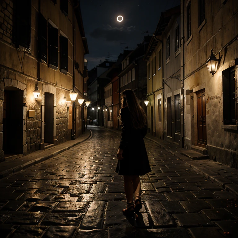Uma noite de lua cheia, illuminated a cobblestone street with roses on both sides