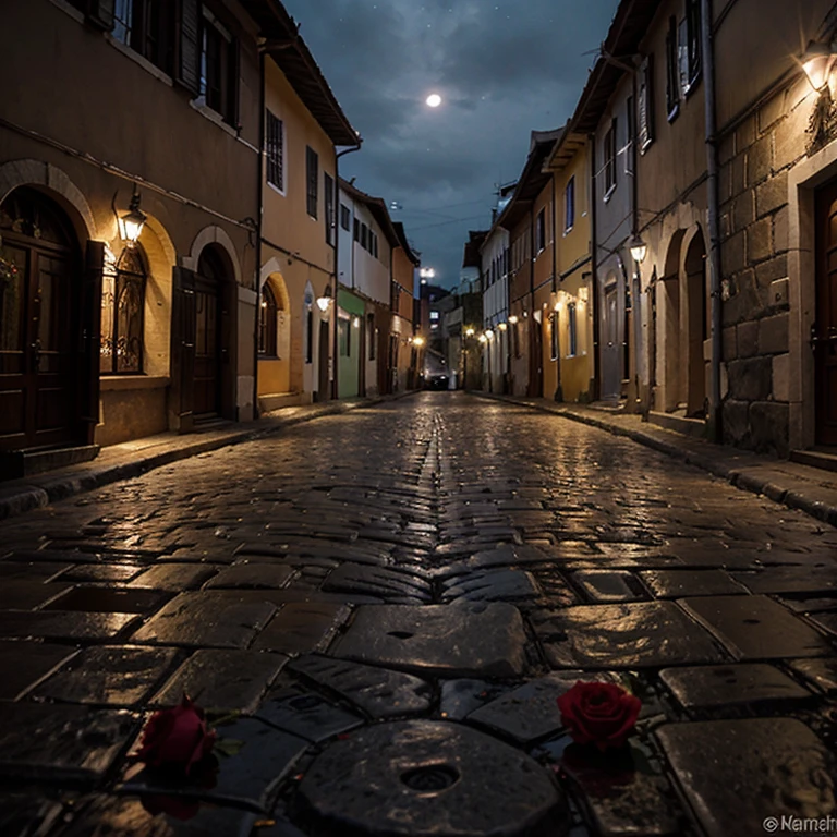 Uma noite de lua cheia, illuminated a cobblestone street with roses on both sides