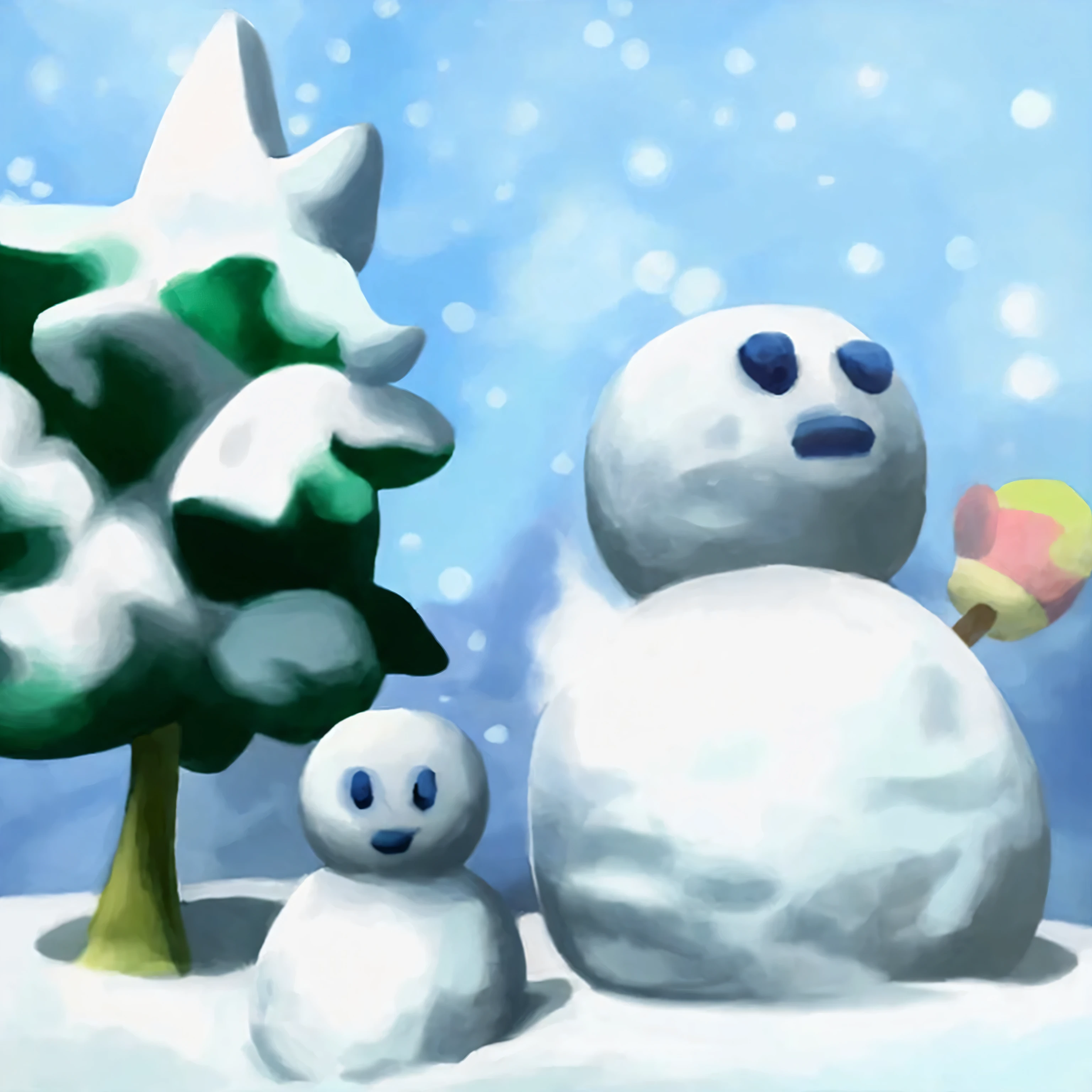 4k hdr, textured, high quality oil painting, masterpiece, vivid colours, dark shadows, snowman with black stone eyes and mouth, snow, perfect perspective, dynamic shading