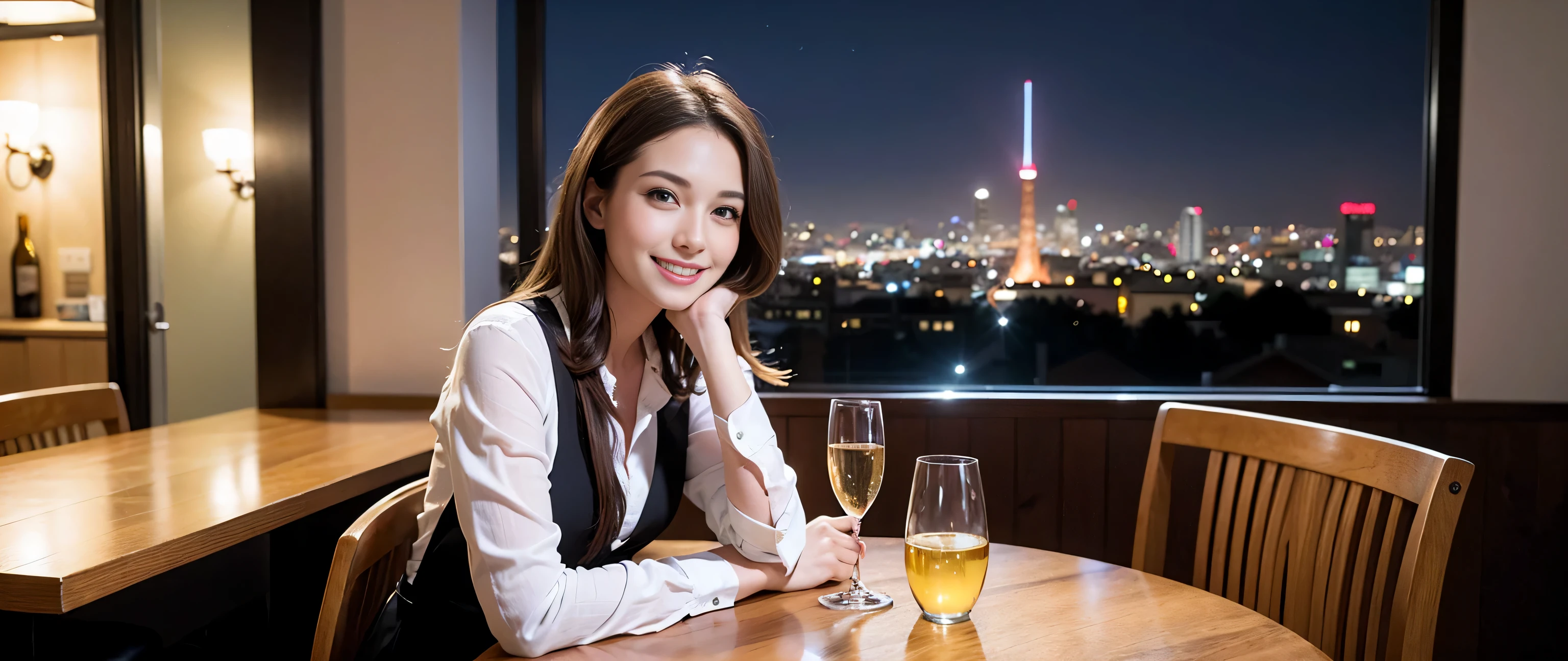hair, Hmm., highest quality, masterpiece: 1.2), (Realistic, photoRealistic: 1.37), Very detailed, 3 slim beauties, (slim face),Happy、 the best smile、Fox face、Berry Short、(Because I'thin), (brown hair), (Shortcuts), Long sleeve shirt、Winter Fashion、Columbia、Brazilian、Japanese、Dutch、German、Portuguese、Belgian、Italian、French,Champagne、sparhairling wine、 (erupt), (slim body), (brown hair), (Shortcuts), Pure beauty、cheehairs turn a little red, (Age 35), 38 years old, alone, Outside the window, a beautiful and detailed night view unfolds...., restaurant, wine glass is sitting, At night, In a prominent place (from the Upper Body) Nova Frog Style, actress, model, Upper Body, White wine, slim, wine glass, Very beautiful night view, wine glass Put in the Middle, Happy smile, (smile: 1.15),