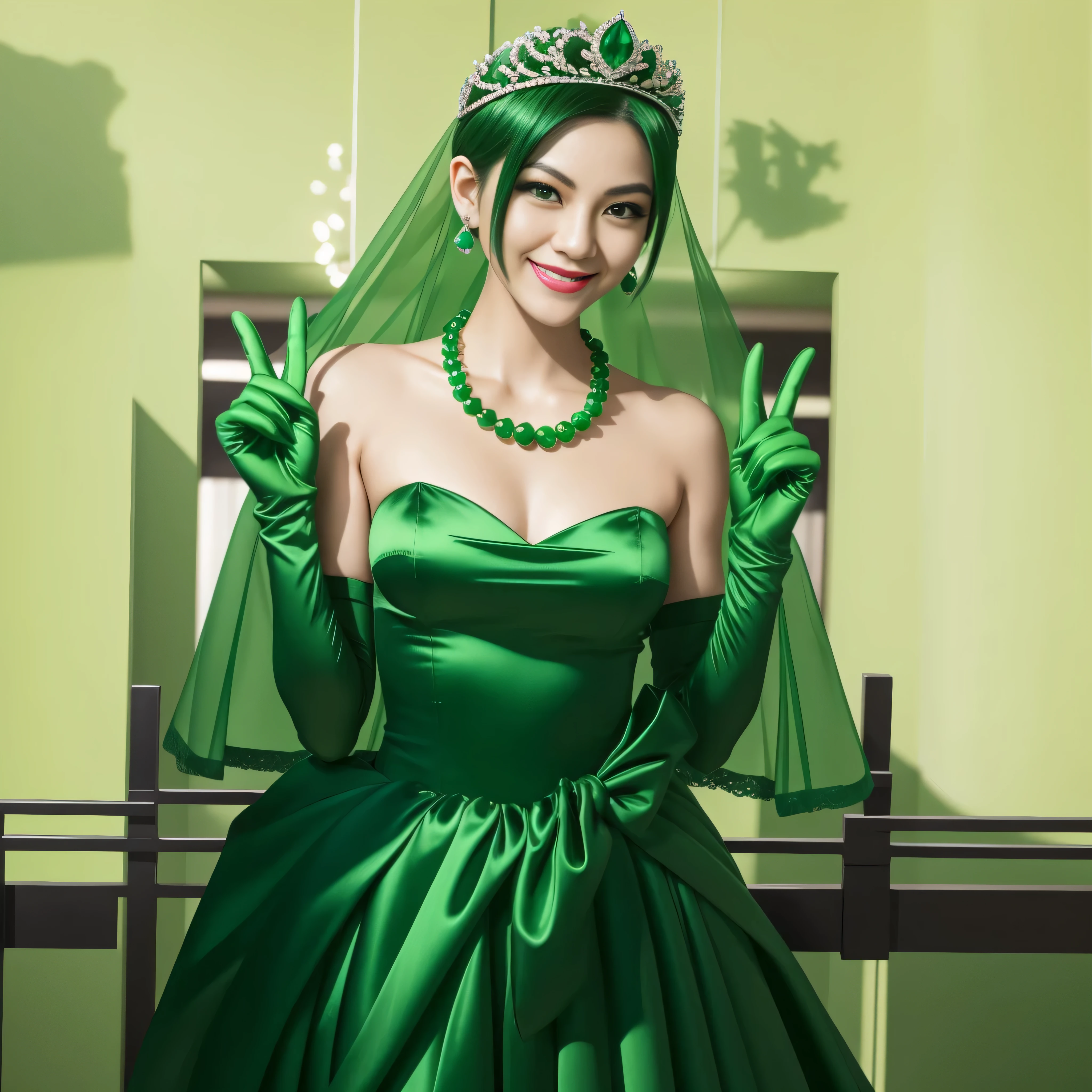 Emerald tiara, Green Pearl Necklace, Boyish very short green hair, lipstick, Smiling Japanese woman, Very short hair, big and beautiful, Green Eyes, Long green satin gloves, Green Eyes, v sign, emerald earrings, Green veil