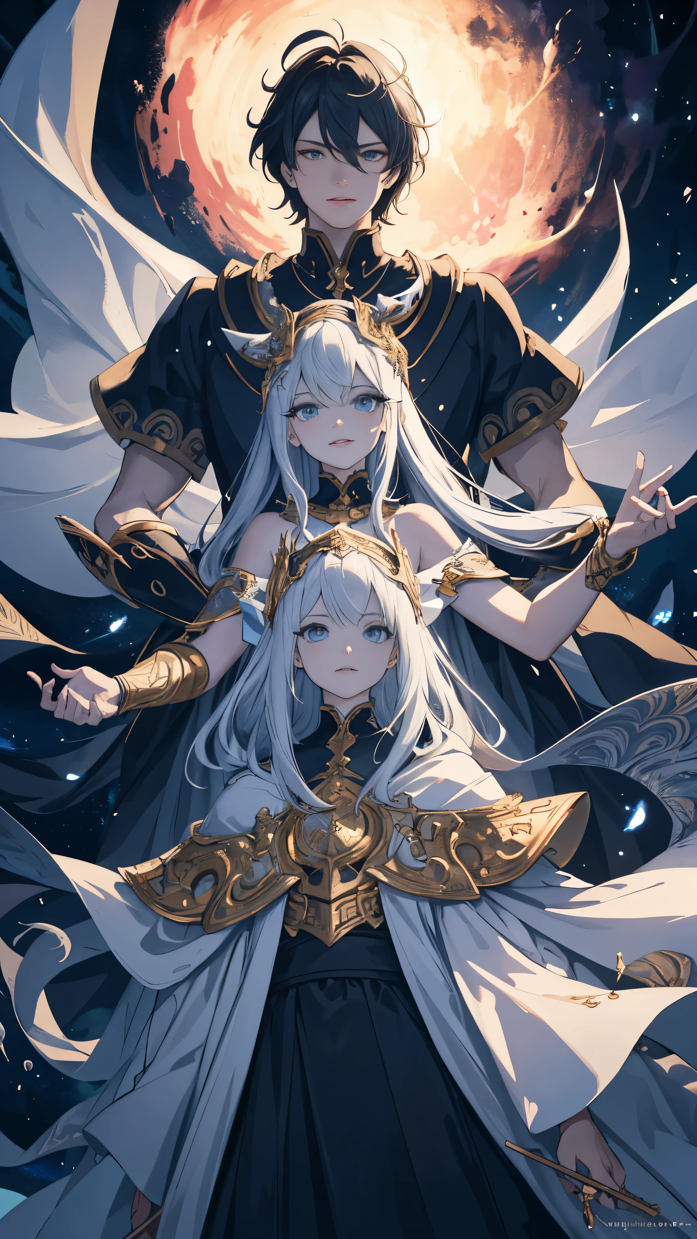 masterpiece, best quality, extremely detailed CG Unity 8k wallpaper, intricately folded kirigami, two adolescent boys, one atop the shoulders of the other, sharp facial features, expressive eyes, vibrant nebula in the background, realistic textures, HDR lighting, ultra-fine painting, dynamic shadowing, vivid colors, physically-based rendering, high contrast, appropriately proportioned bodies, youthful energy.