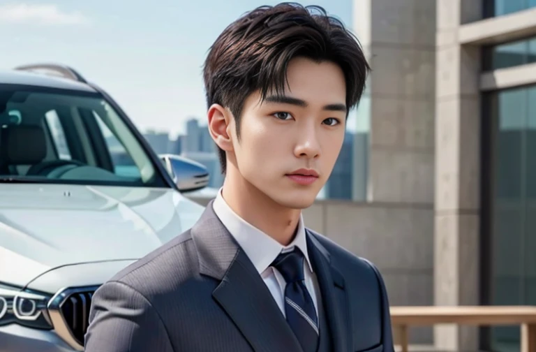 A 28-year-old fresh and handsome new employee、　（Super handsome guy in S-class suit）、　Japanese 28-year-old man、　merchant、　ultra luxury suit、　striped suit、　office、　Stand up in a suitＳyoung handsome man、　striped suit、　office、　Stand up in a suitＳyoung handsome man、　striped suit、　（High-detail photos from CG Unity 8K）、　（a very detailedＳThe handsome guy in the class）、　（The photos are real）、　　（（top quality））、　Super detailed、　（masterpiece）、　Ultra high quality、　High、　gentleman、、　（masterpiece）、　Ultra high quality、　High、　gentleman、very beautiful hair、　bright photos、　As handsome as a model、　As handsome as an idol a 28 year old young man. Wear a suit and tie.Standing next to his BMW car when he gets off work