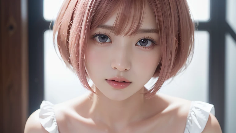 (bob cut hair, pink hair:1.2),(wearing a blouse:1.2),1 girl,Japanese,21 years old,(small breasts:1.3),(highest quality,masterpiece:1.3,超A high resolution,),(Super detailed,caustics),(Photoreal:1.4,RAW shooting,)ultra-realistic capture,very detailed,High resolution 16K human skin close-up。 natural skin texture、,The pores are、、、、Must be detailed enough to be easily identified。 Skin should look even-toned and healthy。 Use natural light and color, sad expression, look at the camera, perfect dynamic composition, inside the church