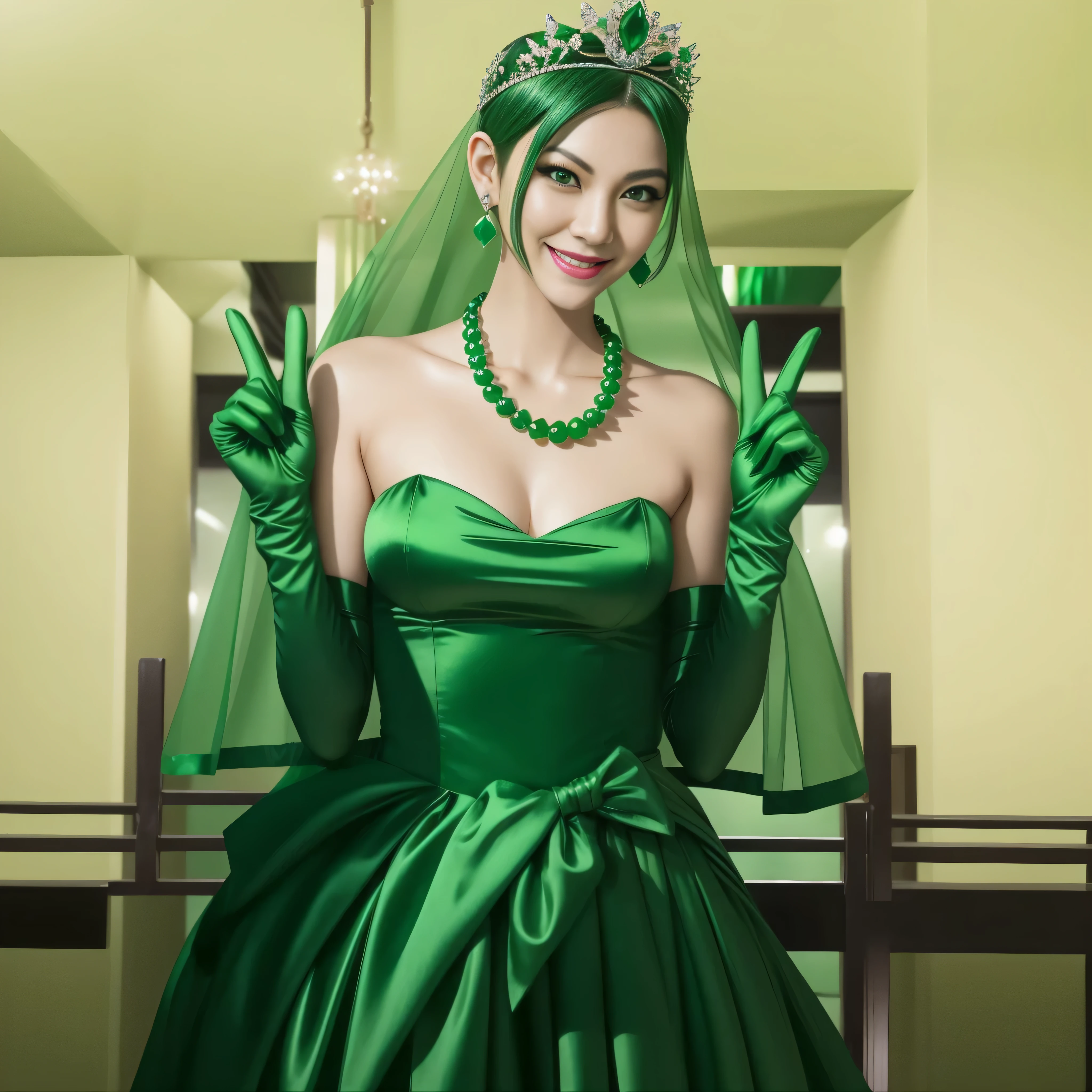 Emerald tiara, Green Pearl Necklace, Boyish very short green hair, lipstick, Smiling Japanese woman, Very short hair, big and beautiful, Green Eyes, Long green satin gloves, Green Eyes, v sign, emerald earrings, Green veil
