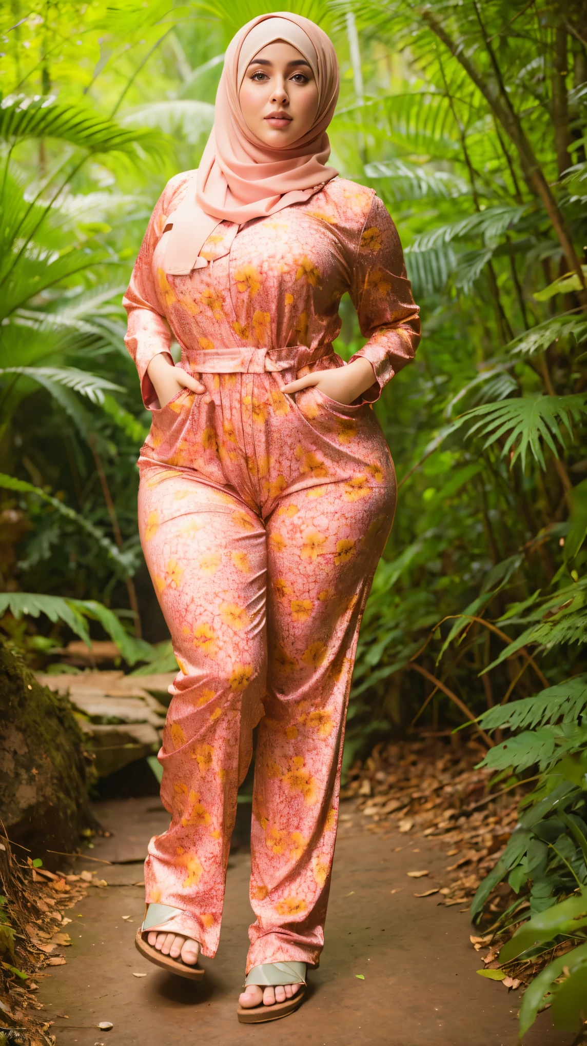 Arabic Woman in jungle, muslim, hijab, curvy body , wearing jumpsuit pajamas, beautiful woman, very detail ,pawg, long legs ,thick high, full body in camera, pawg, wearing strap wedges