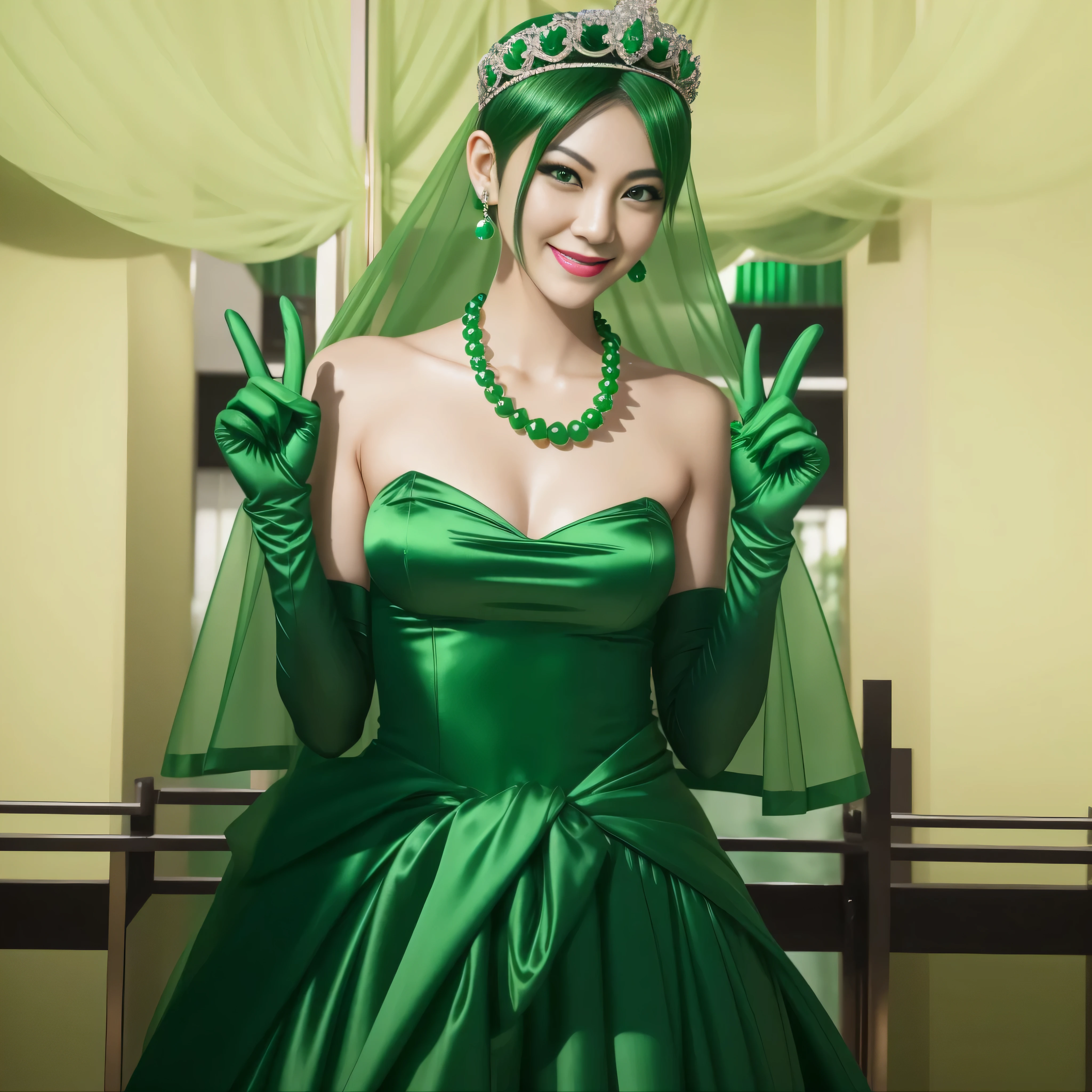 Emerald tiara, Green Pearl Necklace, Boyish very short green hair, lipstick, Smiling Japanese woman, Very short hair, big and beautiful, Green Eyes, Long green satin gloves, Green Eyes, v sign, emerald earrings, Green veil
