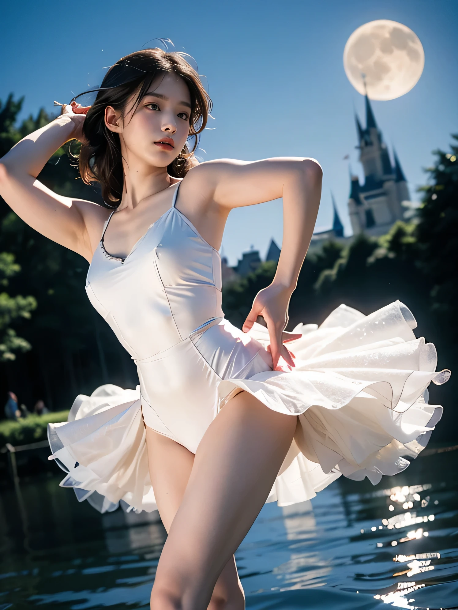 fancy, high quality, 8K, realistic,photo realistic,RAW photos,photography,high resolution, ultra high definition, best quality,dramatic lighting, glitter effect, from below, midnight, moon, ballet、Swan Lake、lake in deep forest、I see a castle in the distance、whole body、((Giant Werewolf Muscular Beast)) From Disney&#39;s Beauty and the Beast, ,break, A prima donna girl gracefully dances ballet in the moon on a mysterious lake.、Arabesque pose、、1 girl、((Luxurious and delicate white tutu)),semi long hair,black hair,black eye、beautiful feet、ballet pointe shoes, Peeking from below、straddle the camera