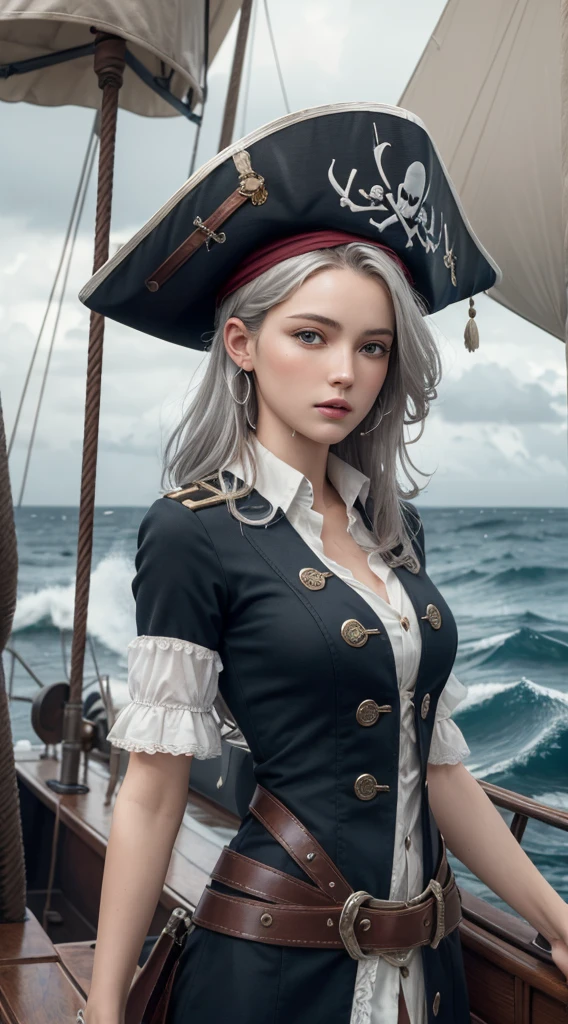 (masterpiece, best quality, The award-winning, High resolution), 1 beautiful female pirate, Skinny, High, cap, Complex clothing, Complex and beautiful design, Very detailed beautiful face, curls, detailed flowing hair, standing at helm on Corsair, Corsair, storm, rain, stormy sea, Detailed background, Water splash, Extremely detailed CG, Super detailed