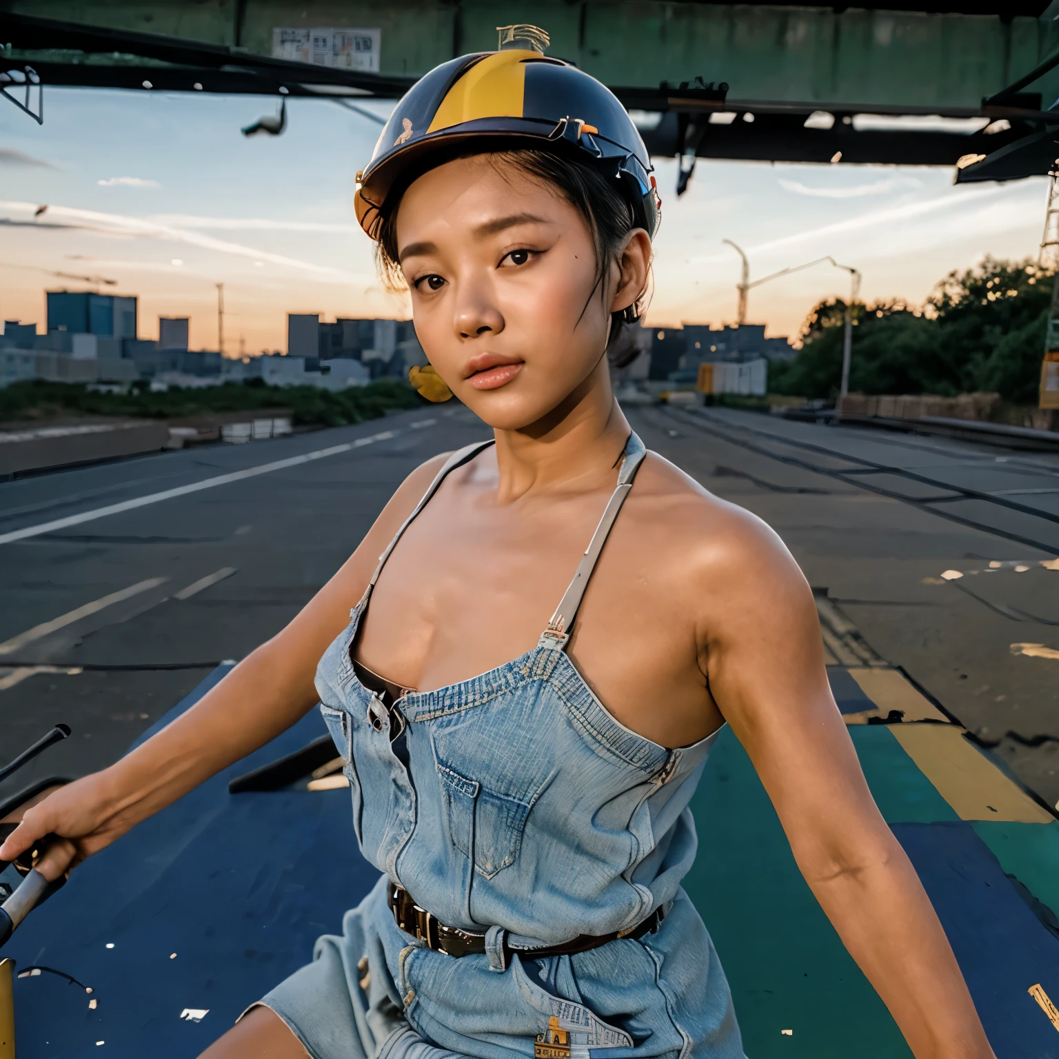 (best quality,4k,8k,highres,masterpiece:1.2),ultra-detailed,(realistic,photorealistic,photo-realistic:1.37), Colombian mature lady,lingerie,construction,newyork city street,dressed in halter top and tiny g string ,working construction,newyork city street,realistic

Medium: Portraits, HDR

Color tone: Vibrant

Lighting: Natural sunlight

Additional details: 
- Graffiti-covered walls in the background
- Construction tools such as a hard hat, safety vest, and tool belt
- Deep wrinkles on the lady's face, showing her age
- Dust and debris on the construction site
- A city skyline visible in the distance
- Steel beams and scaffolding

注意：
- Don&#39;t have any in the prompt ":", "."
- Sort tags from top to bottom - No need to explain prompts or add extra instructions