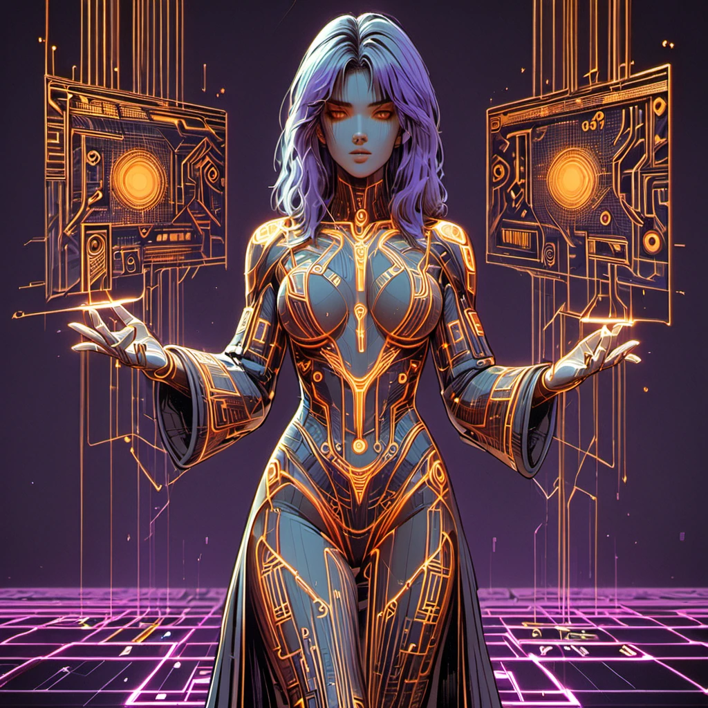 Miss, (Food-hrmtcwzrd:1.4), (Crazy cyberspace:1.4), A spell ring made from future runes, Futuristic robes, Orange jewelry, Cyberpunk, purple outline, Science Fiction, 1980s, vintage__Oliver/Body_posture__ Digital shapes in the background, (masterpiece:1.2), best quality, (Ultra Detailed, The most detailed:1.2), High resolution textures