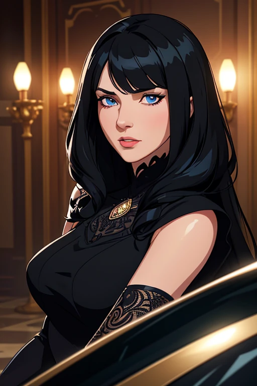 masterpiece, digital artwork , A gorgeous mature woman, long black hair, bangs covering one eye, tired look, wearing a black fancy and shiny silk dress with black elbow gloves, fancy party setting, highly detailed, intricately detailed, dynamic volumetric cinematic lighting, (perfect clear eyes), sharp nose, full lips, 