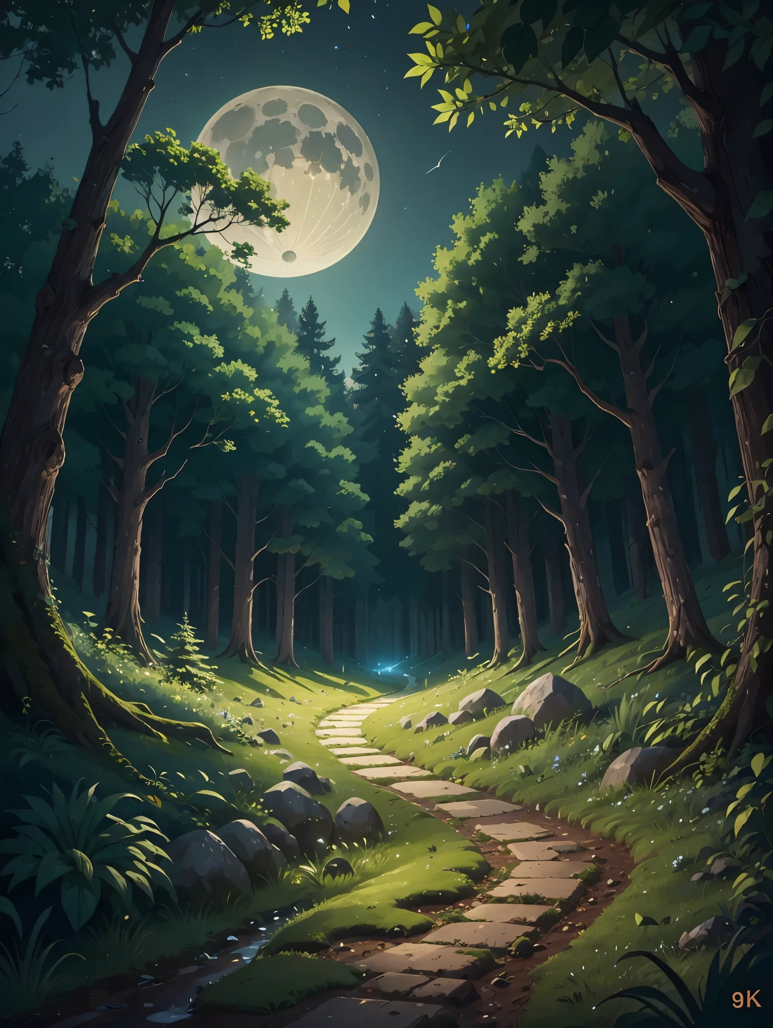 forest at night, moon, (best quality, 8K, high resolution, masterpiece), ultra detailed, a beautiful countryside ,winning photo,