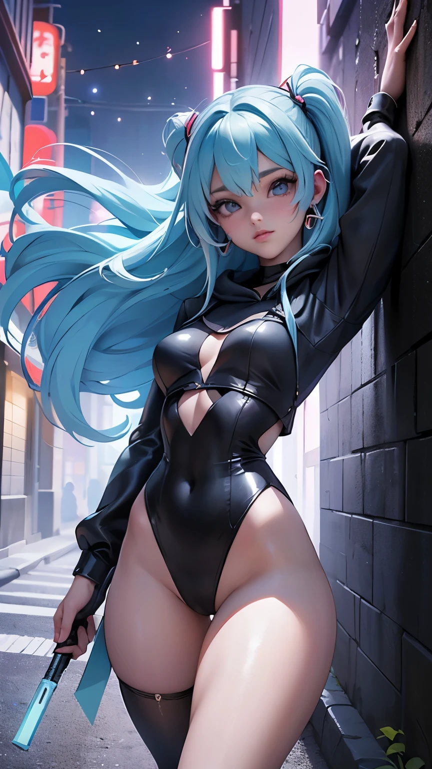 (La mejor calidad,A high resolution,Ultra - detallado,actual),Ariana Grande se parece a Rei Ayanami con cabello medio liso, vistiendo minifalda plisada blanca y auriculares streetwear, passion blue hoodie, en el pecho dice &#39;Funk del futuro&#39;, amidst a vibrant futuristic cityscape illuminated by neon lights.More detailed 8K.motor irreal:1.4,HD,La mejor calidad:1.4, fotorrealista:1.4, textura de la piel:1.4, obra maestra:1.8,obra maestra, mejor calidad,objeto Objeto], (rasgos faciales detallados:1.3),(Las proporciones correctas),(Ojos hermosos azules:1.4 ),  (pose vaquero), (dedos detailed :1.4), ,( ciberpunk 2.1), (estilo kawaii:1.4), (Background an alley of stone walls Tokyo :1.4), (perfect anatomy :1.4) 