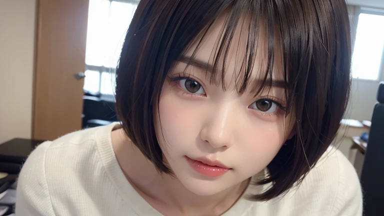 (Bob Cut Hair:1.2),(Dressed in business casual:1.2),1 girl,Japanese,28 years old,(Small breasts:1.3),(highest quality,masterpiece:1.3,超A high resolution,),(Very detailed,Caustics),(Realistic:1.4,RAW shooting,)Ultra-Realistic Capture,Very detailed,High resolution 16K human skin close-up。 Natural skin texture、,pores、、、、、It must be detailed enough to be easily identifiable。 Skin tone is even and healthy looking。 Use natural light and color, Sad expression, Looking at the camera, Perfect dynamic composition, office