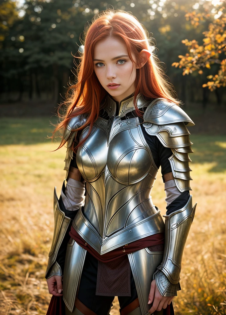 Masterpiece, a beautiful female elf knight (Nata Lee), bright eyes, red hair, broad shoulders, strong body, high detail pale skin with light freckles, high detail filigree armor,  outside, (skin texture:1.1), best quality, ultra high res, Raw photo, Nikon D850, backlight, rimlight, bright sunlight, film grain:1.2, (warm hue, warm tone:1.2), (color photo), fantasy landscape background