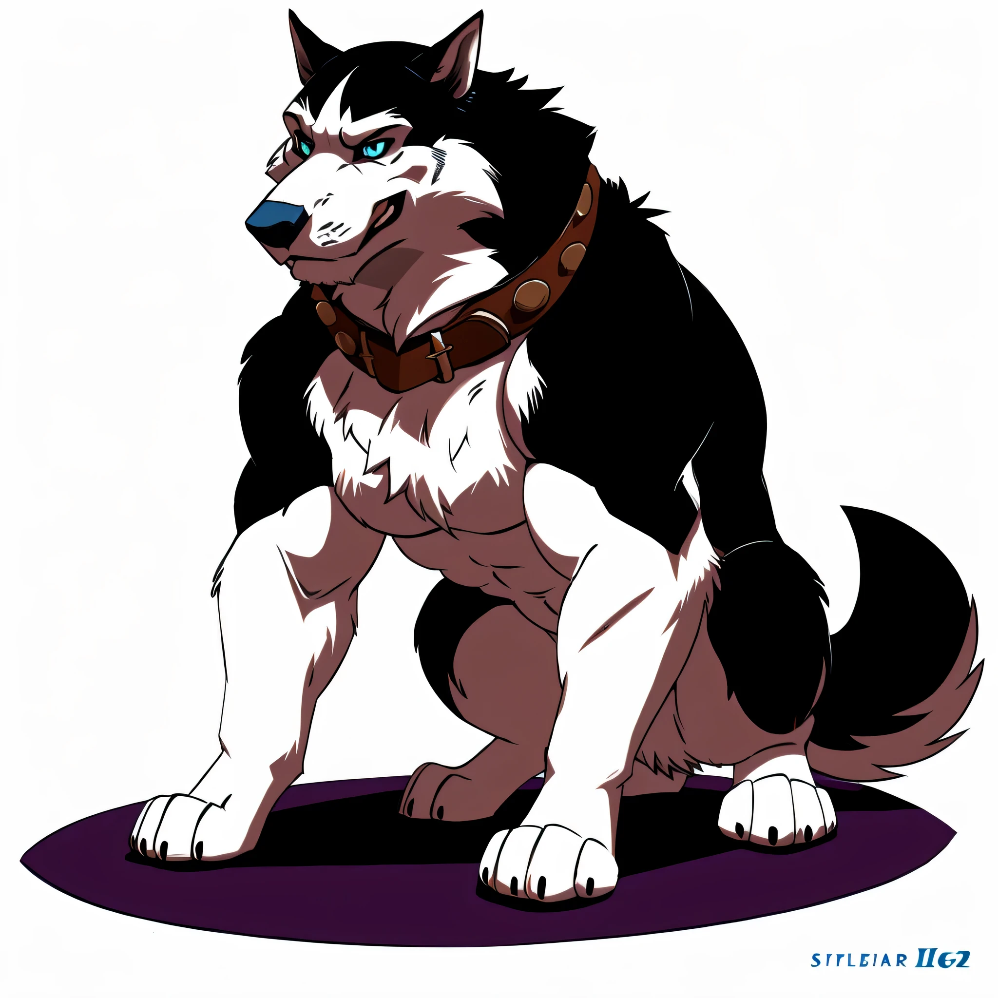 Steele_\(Balto\), alaskan malamute, masculine, male, feral alaskan malamute, quadruped, feral, very muscular:2.0, heavyweight, very defined muscles:2.0, pectorals:2.0, muscular forelegs, muscular hindlegs, wide chest, muscular chest:2.0, negger style, taran fiddler style, blue eyes, detailed eyes, white background, proud, serious expression, full body, wolf feet, big collar, sitting