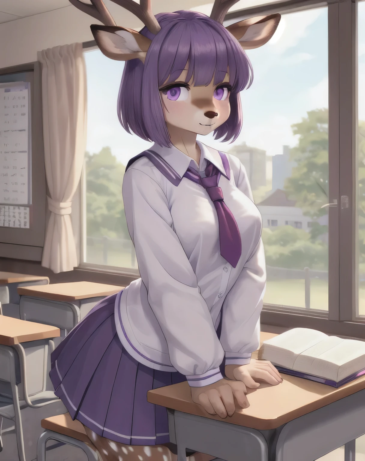 1girl, (Feminine), curvy body, solo, masterpiece, classroom, scenery, (deer girl:1.2), deer, short purple hair, purple eyes, (wearing high school uniform),