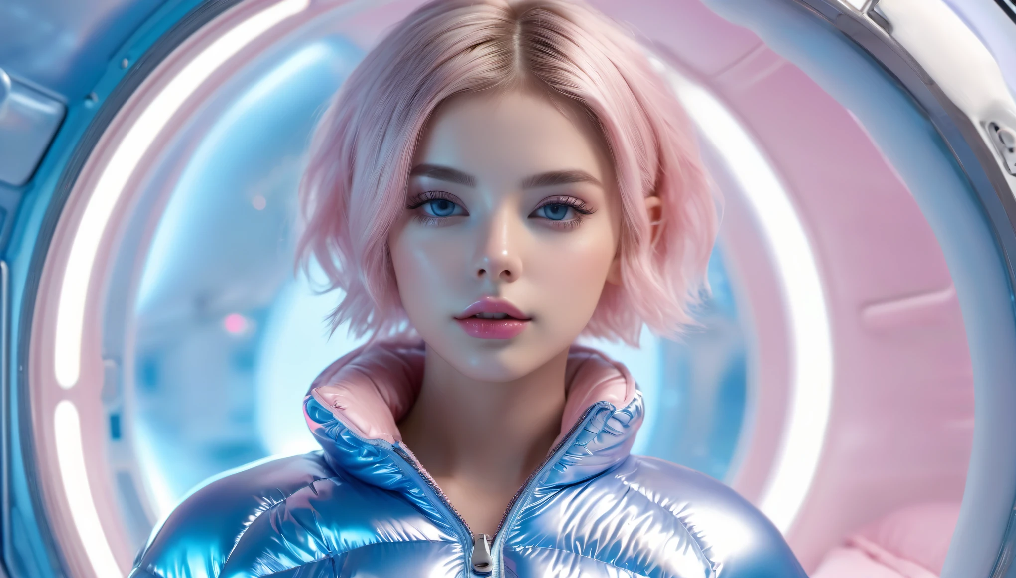 Top Quality, Masterpiece, High Resolution, 8k, ((cute girl in a light pink blue open shiny puffer with short sleeves, small perky breasts, extremely detailed face, beautiful detailed eyes, beautiful detailed lips, pixie side shaved hair, small hips, in a spaceship, on bed, full body))