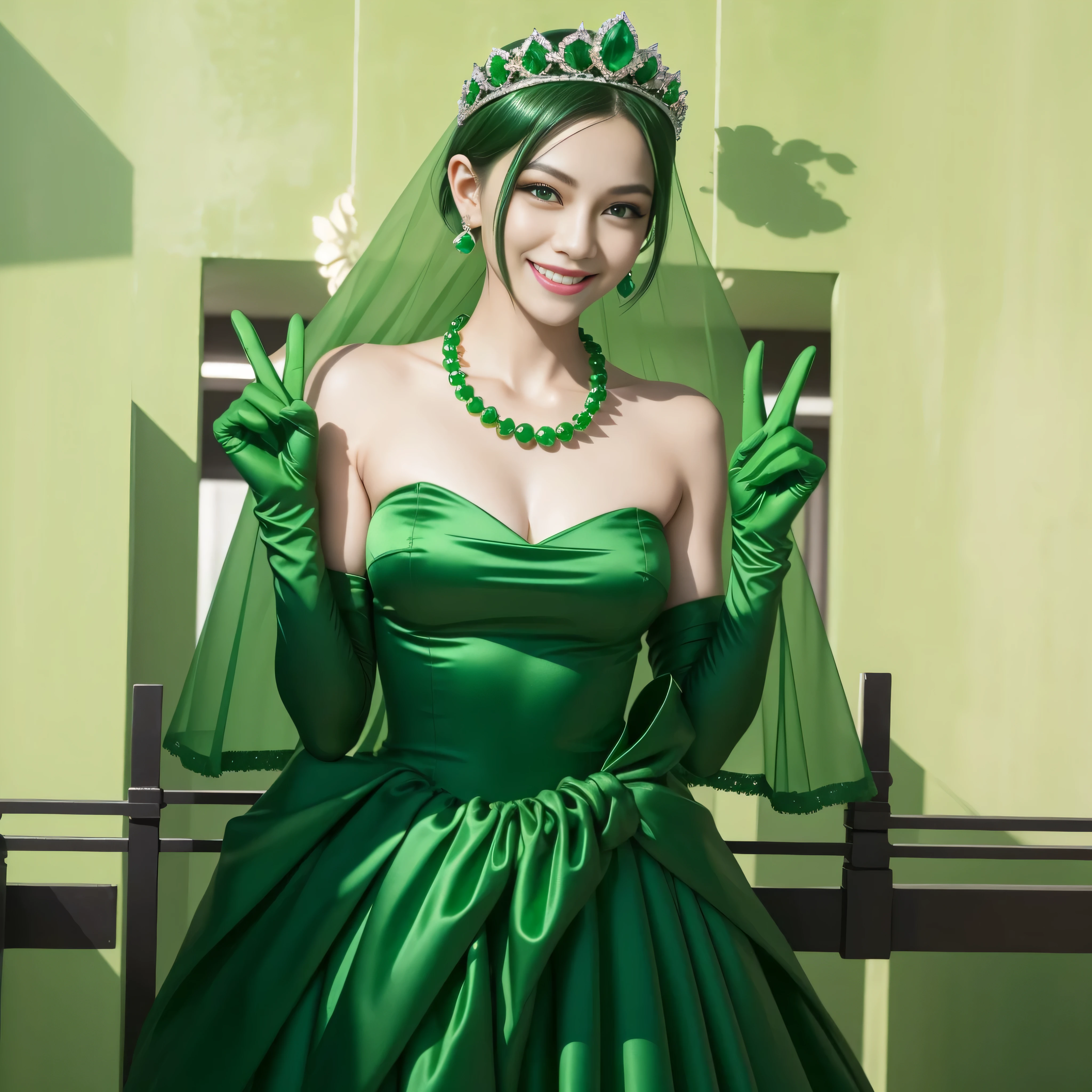 Emerald tiara, Green Pearl Necklace, Boyish very short green hair, lipstick, Smiling Japanese woman, Very short hair, big and beautiful, Green Eyes, Long green satin gloves, Green Eyes, v sign, emerald earrings, Green veil
