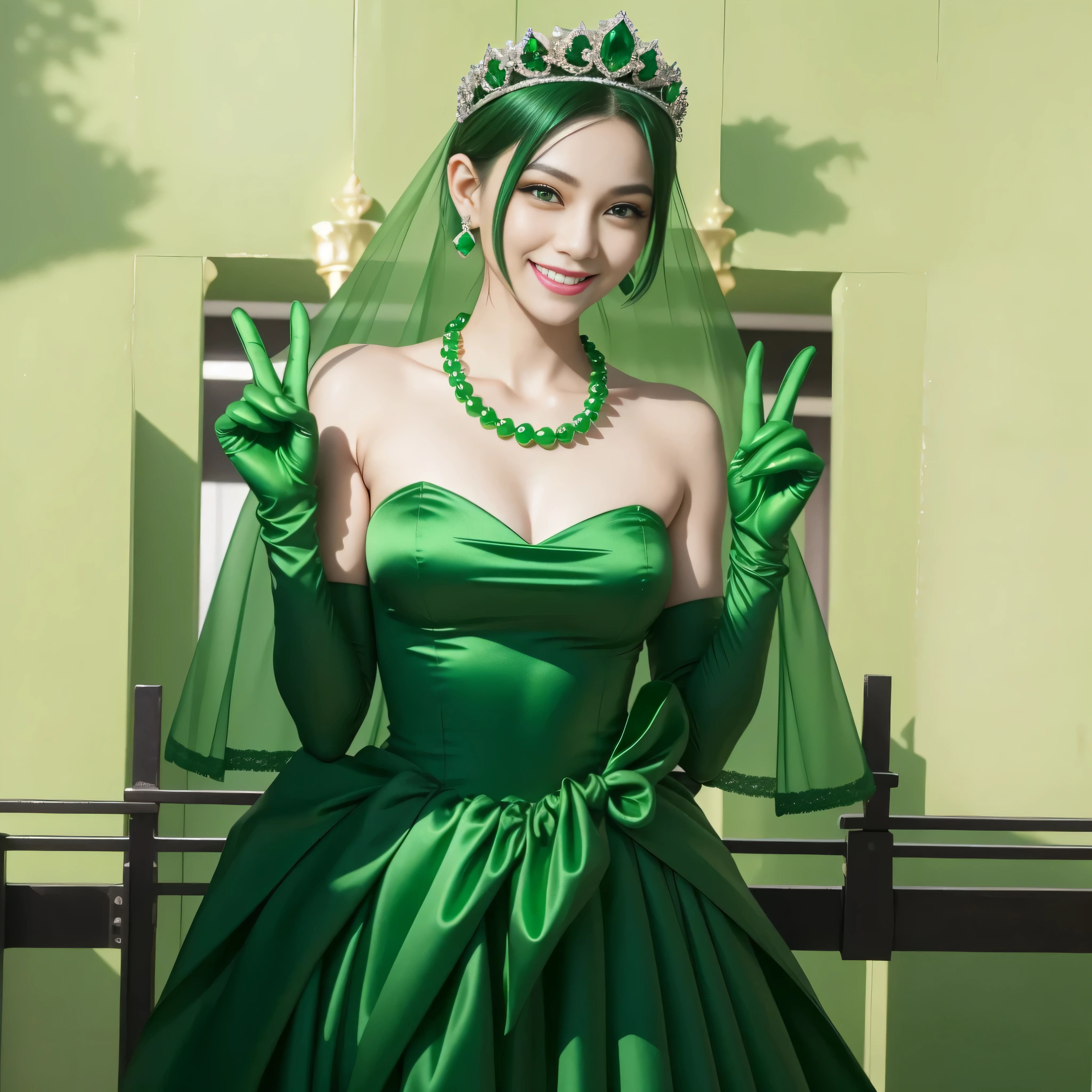 Emerald tiara, Green Pearl Necklace, Boyish very short green hair, lipstick, Smiling Japanese woman, Very short hair, big and beautiful, Green Eyes, Long green satin gloves, Green Eyes, v sign, emerald earrings, Green veil